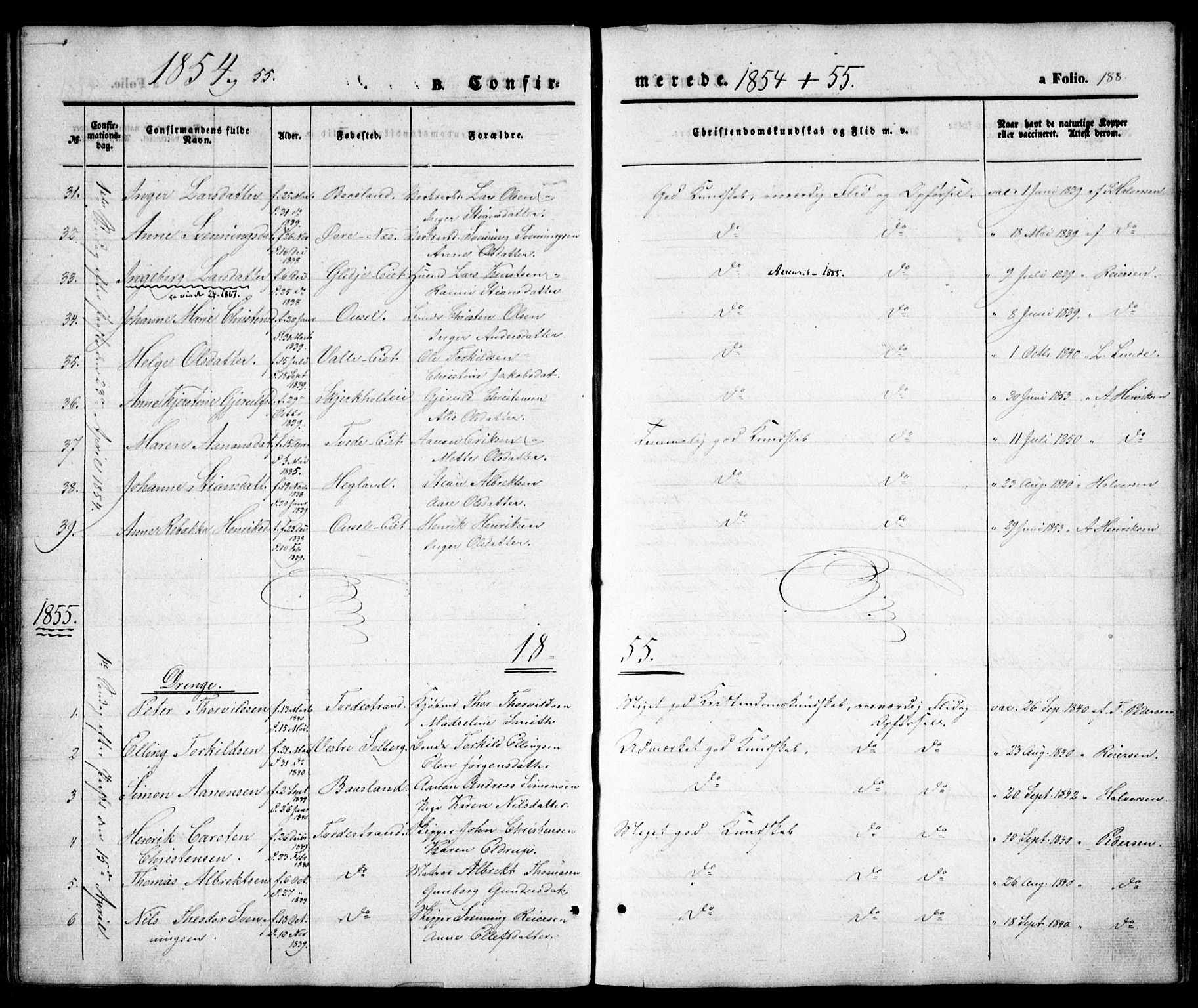 Holt sokneprestkontor, AV/SAK-1111-0021/F/Fa/L0008: Parish register (official) no. A 8, 1849-1860, p. 188