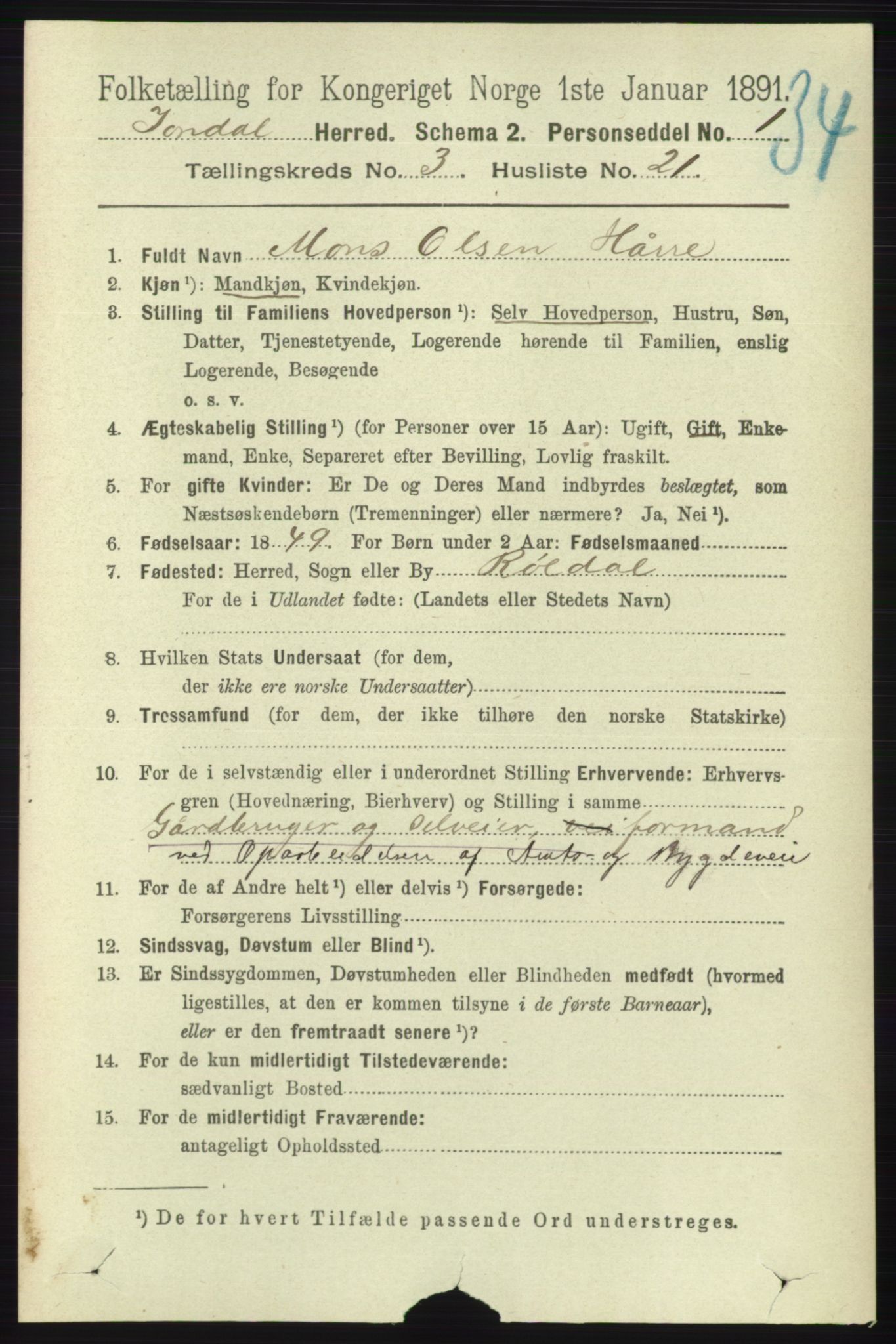 RA, 1891 census for 1227 Jondal, 1891, p. 1436