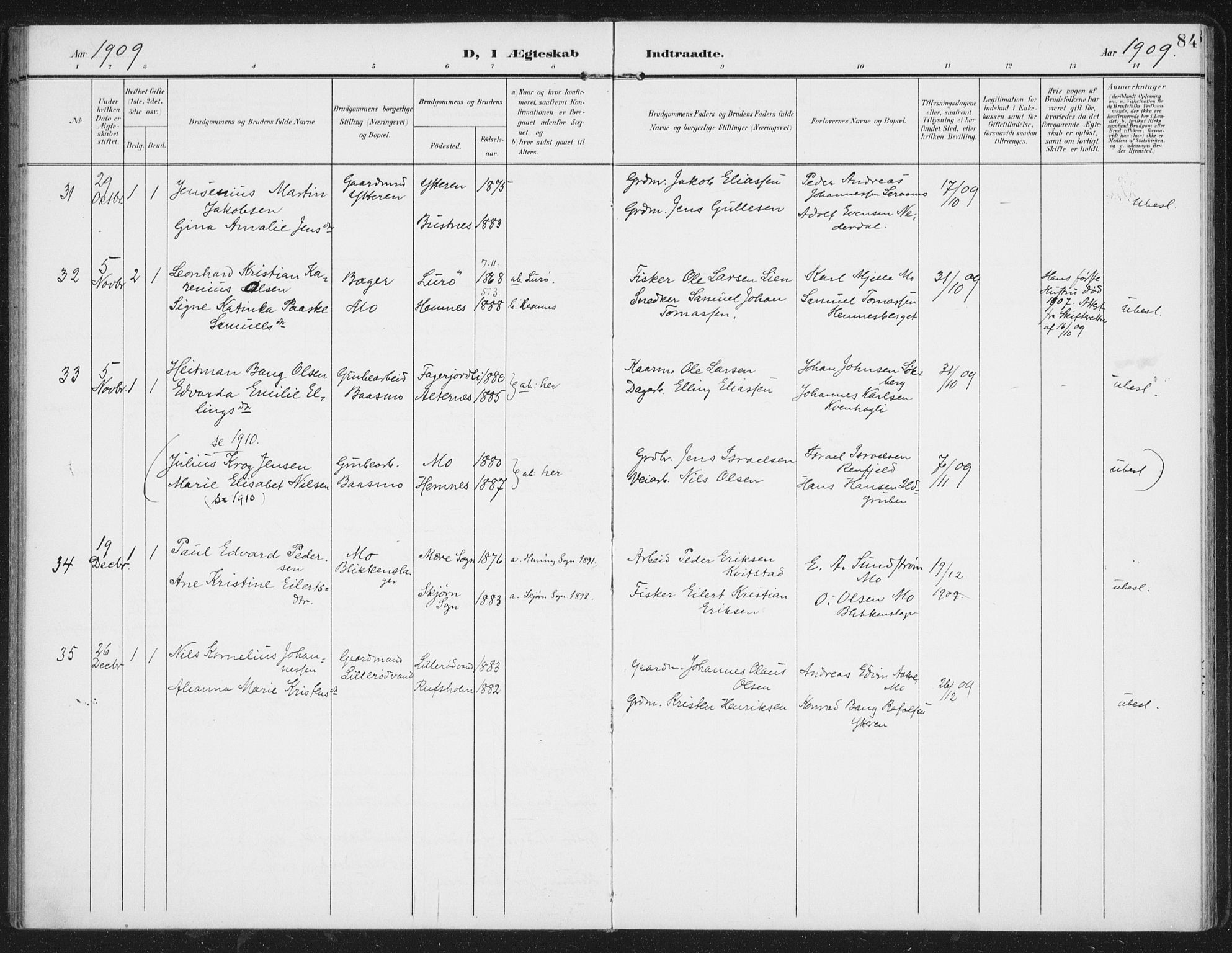 Ministerialprotokoller, klokkerbøker og fødselsregistre - Nordland, AV/SAT-A-1459/827/L0403: Parish register (official) no. 827A15, 1903-1912, p. 84