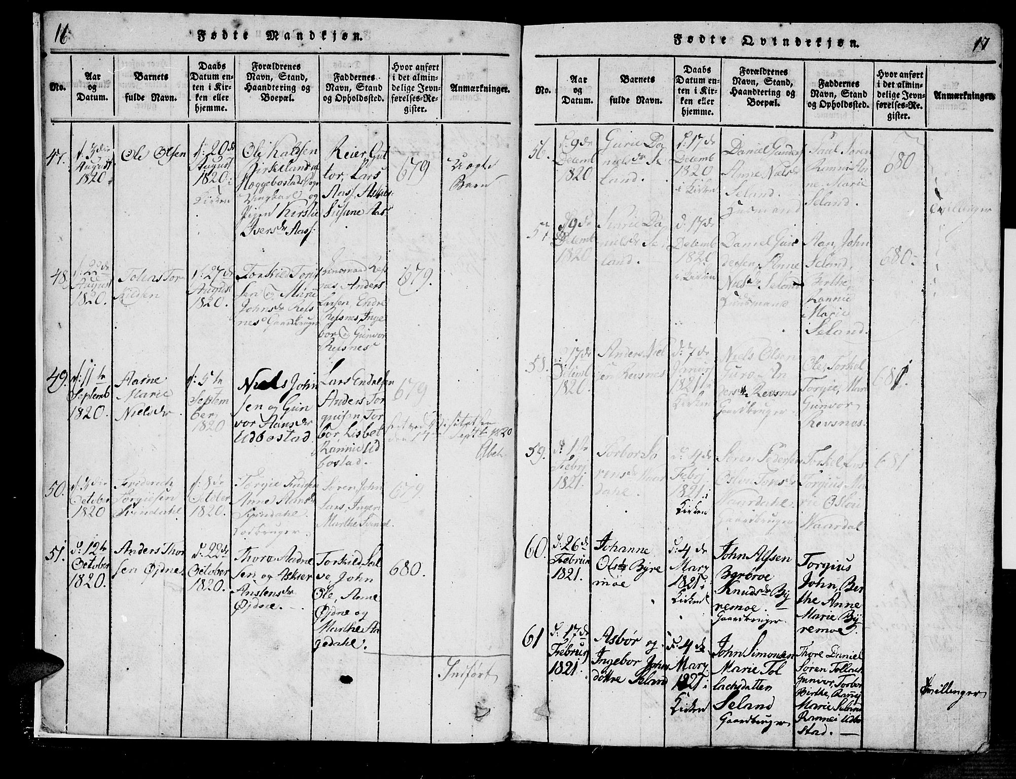 Bjelland sokneprestkontor, SAK/1111-0005/F/Fa/Fac/L0001: Parish register (official) no. A 1, 1815-1866, p. 16-17