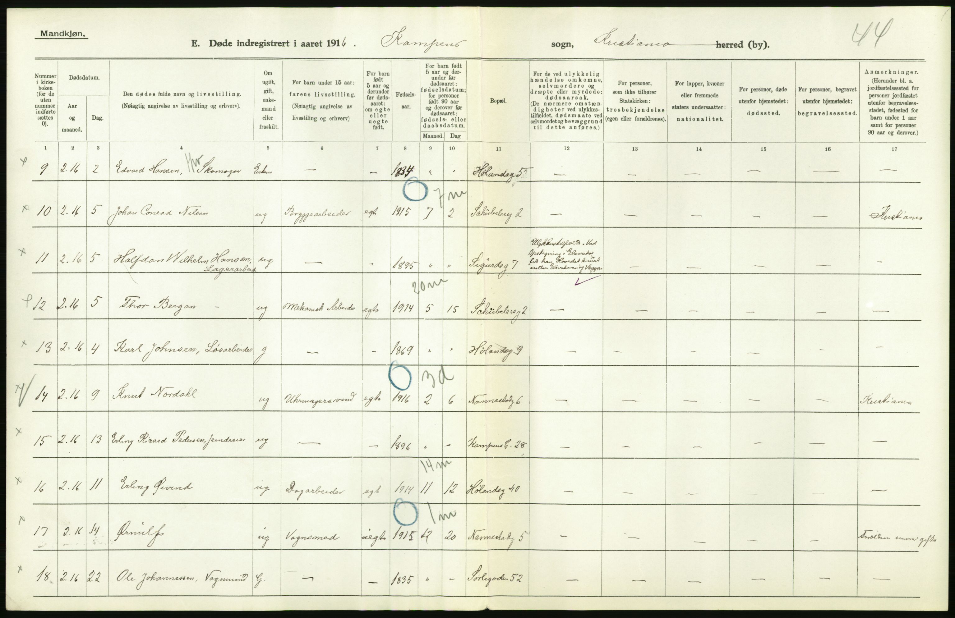 Statistisk sentralbyrå, Sosiodemografiske emner, Befolkning, RA/S-2228/D/Df/Dfb/Dfbf/L0009: Kristiania: Døde., 1916, p. 156