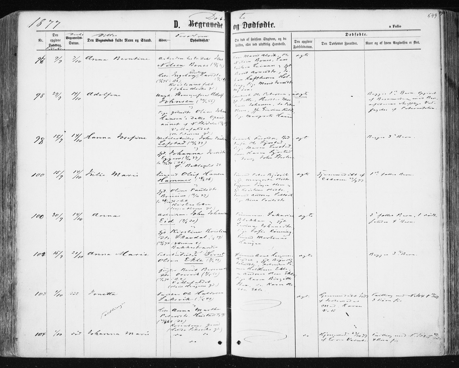 Ministerialprotokoller, klokkerbøker og fødselsregistre - Sør-Trøndelag, SAT/A-1456/604/L0186: Parish register (official) no. 604A07, 1866-1877, p. 549