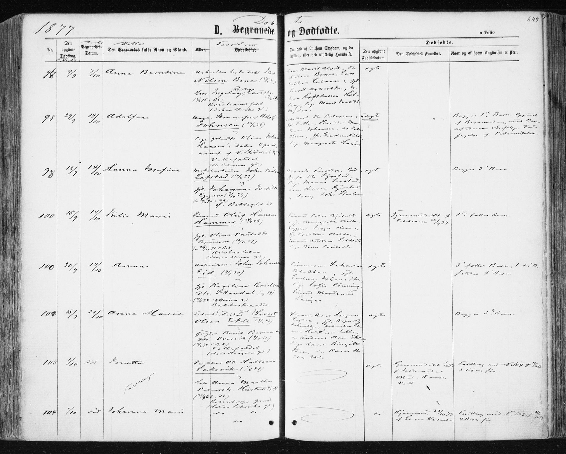 Ministerialprotokoller, klokkerbøker og fødselsregistre - Sør-Trøndelag, AV/SAT-A-1456/604/L0186: Parish register (official) no. 604A07, 1866-1877, p. 549