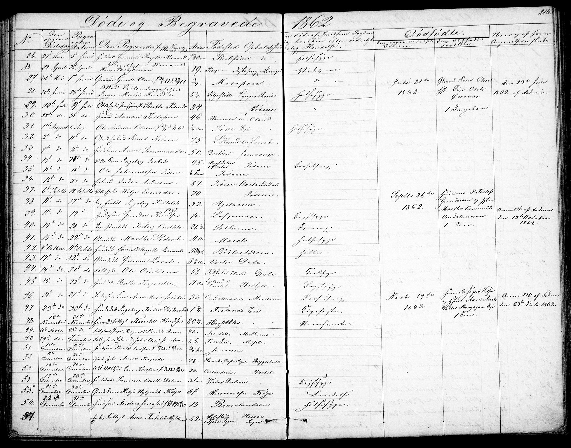 Froland sokneprestkontor, SAK/1111-0013/F/Fb/L0008: Parish register (copy) no. B 8, 1843-1875, p. 216