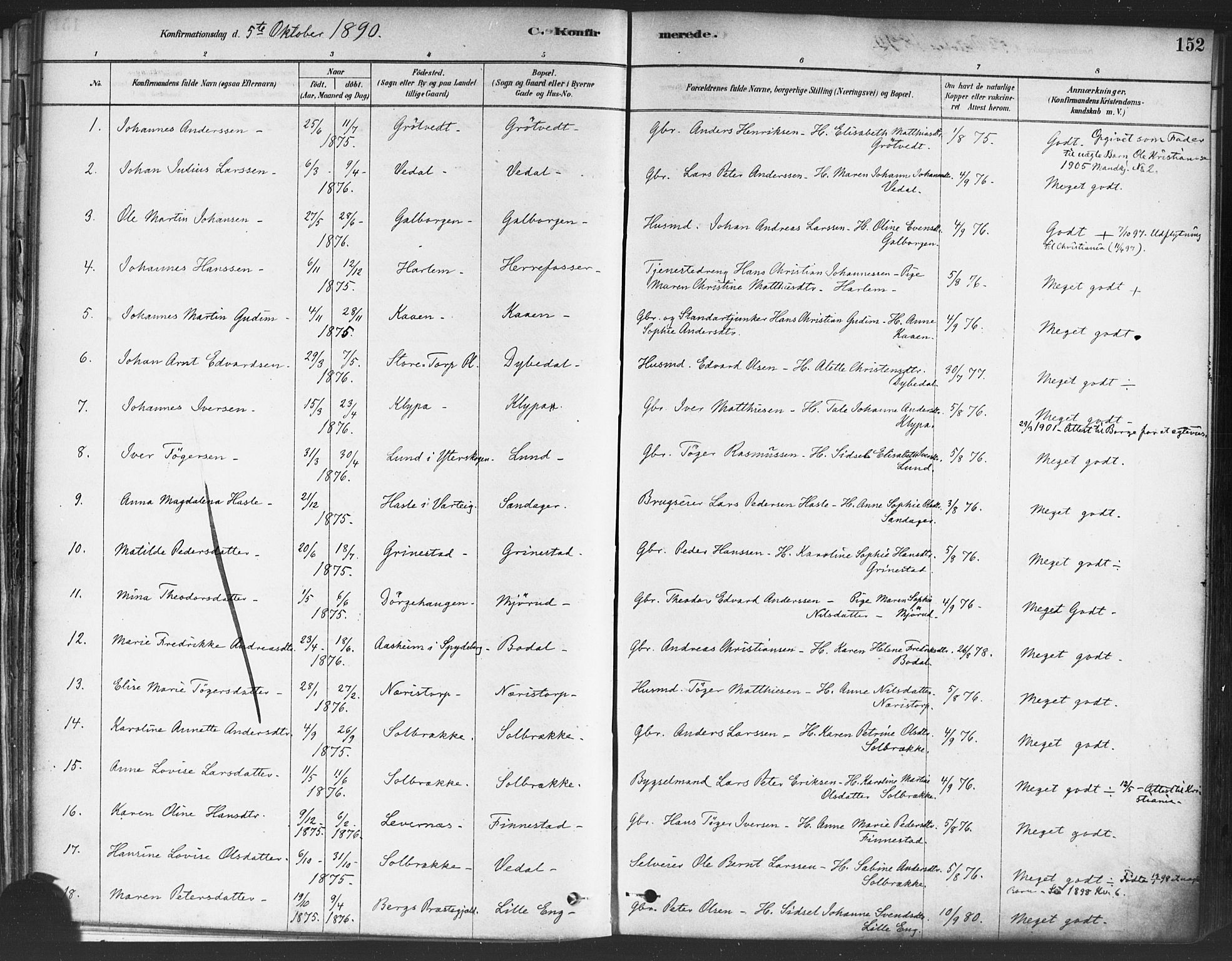 Rakkestad prestekontor Kirkebøker, AV/SAO-A-2008/F/Fa/L0012: Parish register (official) no. I 12, 1878-1893, p. 152