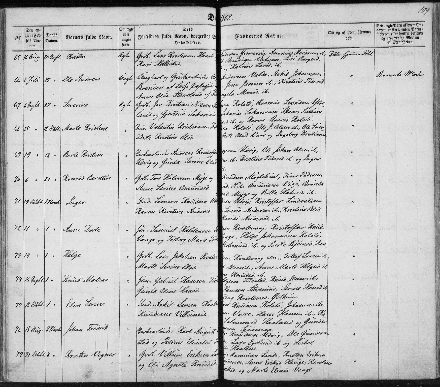 Avaldsnes sokneprestkontor, AV/SAST-A -101851/H/Ha/Haa/L0010: Parish register (official) no. A 10, 1857-1876, p. 109