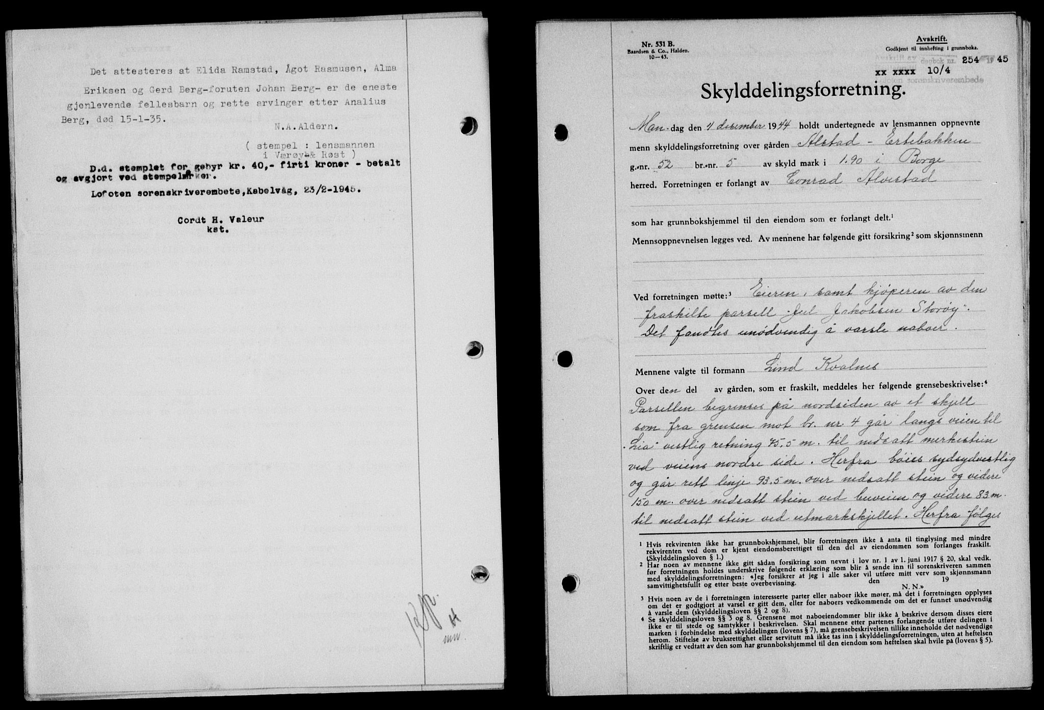 Lofoten sorenskriveri, SAT/A-0017/1/2/2C/L0013a: Mortgage book no. 13a, 1944-1946, Diary no: : 254/1945