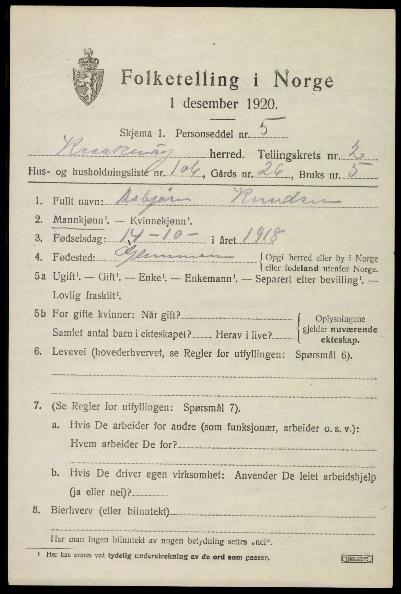 SAO, 1920 census for Kråkerøy, 1920, p. 4330