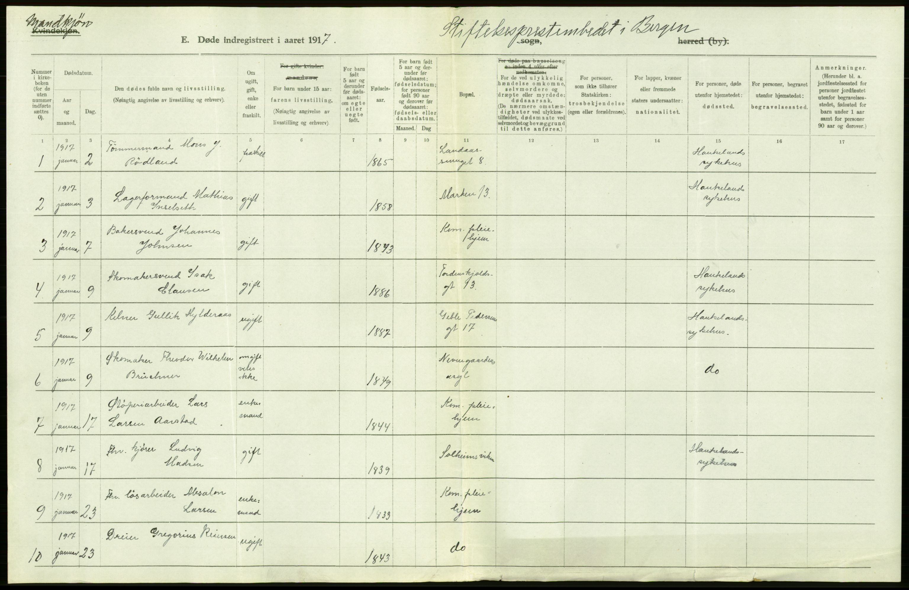 Statistisk sentralbyrå, Sosiodemografiske emner, Befolkning, AV/RA-S-2228/D/Df/Dfb/Dfbg/L0038: Bergen: Gifte, døde, dødfødte., 1917, p. 362