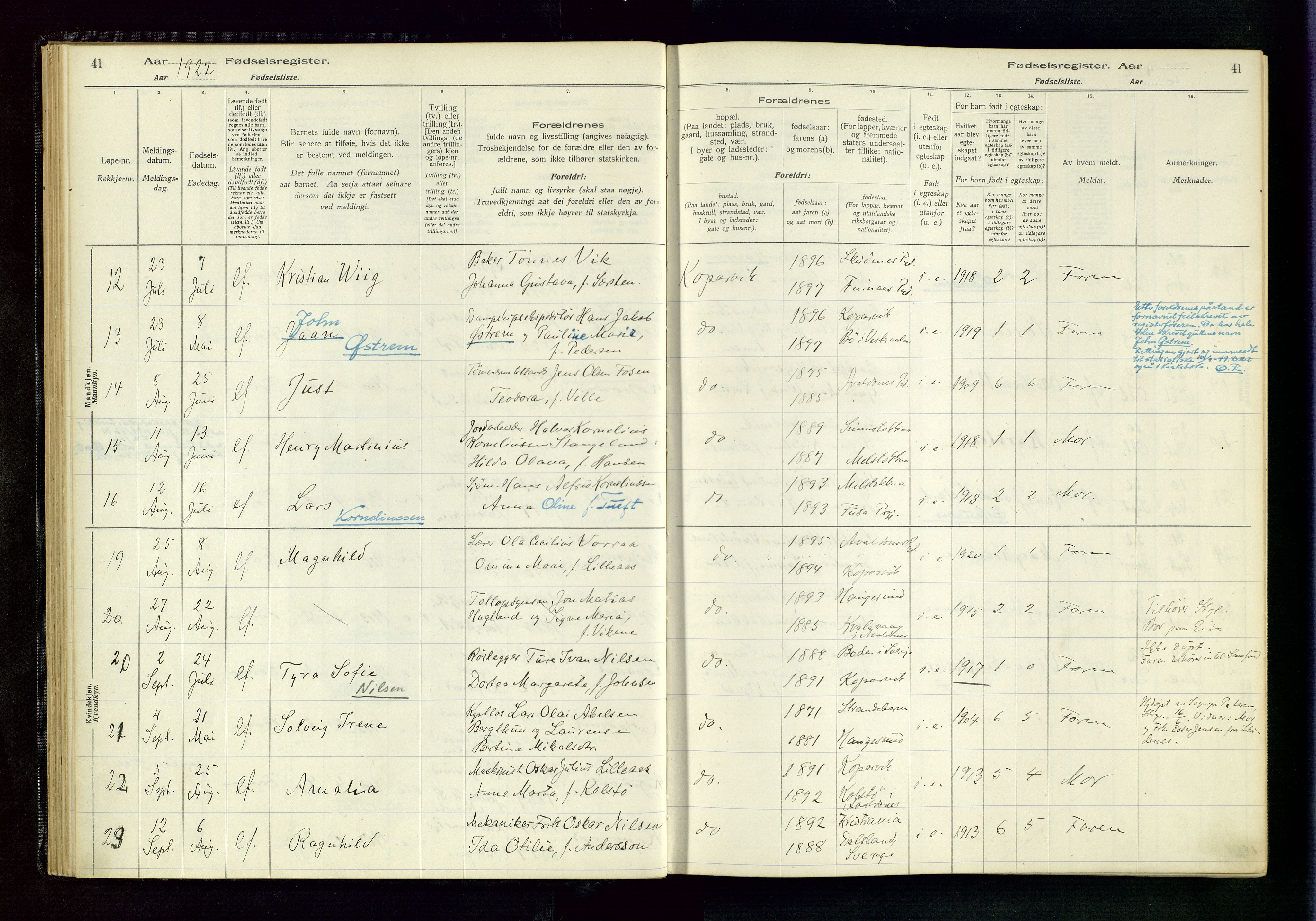 Kopervik sokneprestkontor, AV/SAST-A-101850/I/Id/L0001: Birth register no. 1, 1916-1952, p. 41