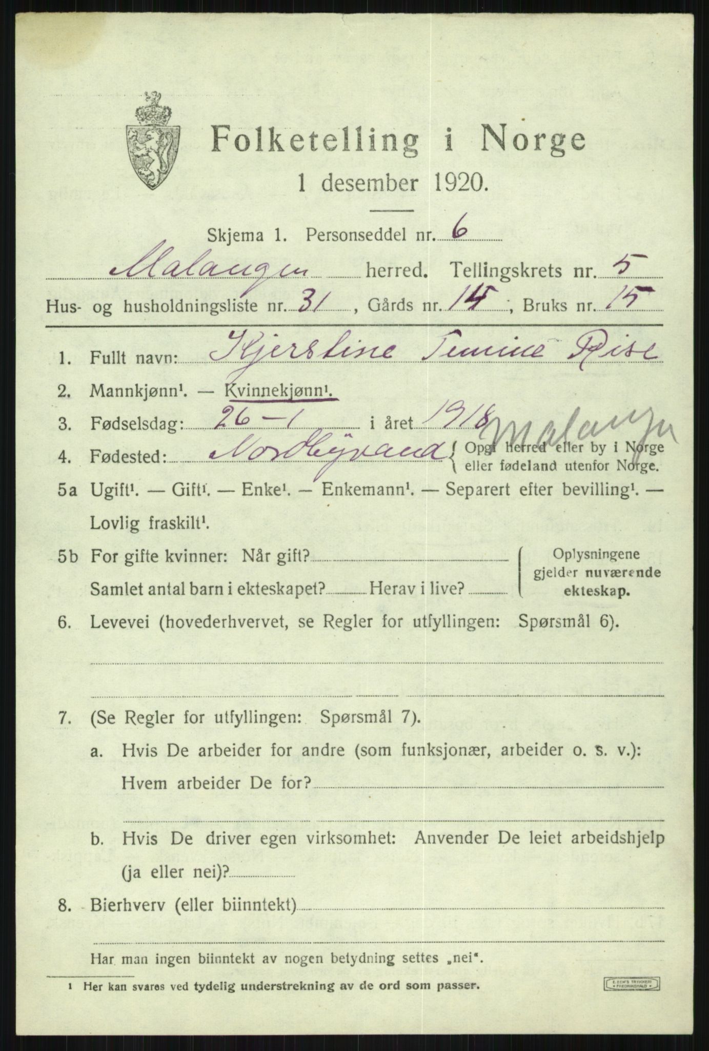 SATØ, 1920 census for Malangen, 1920, p. 2285