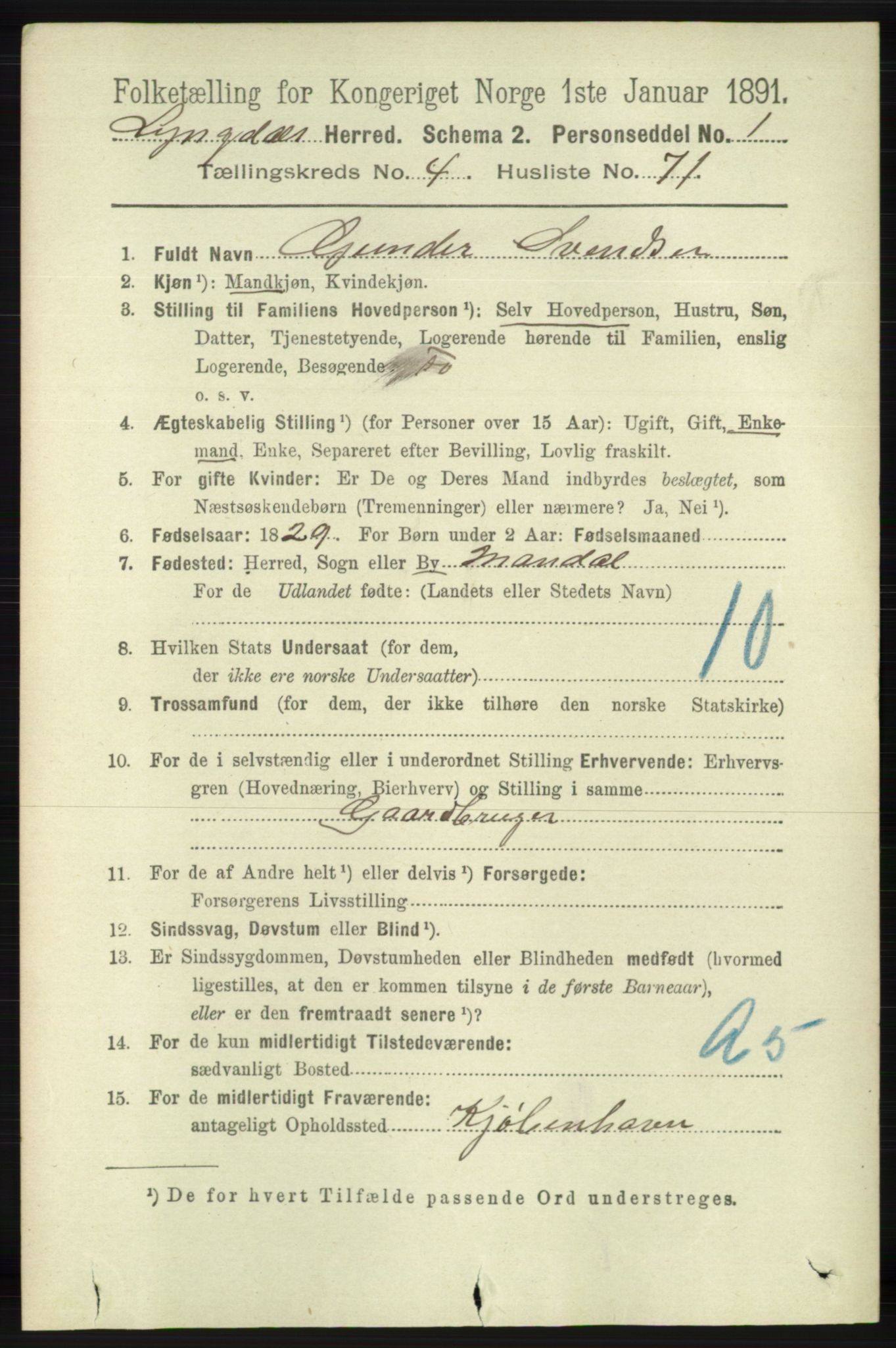 RA, 1891 census for 1032 Lyngdal, 1891, p. 1789