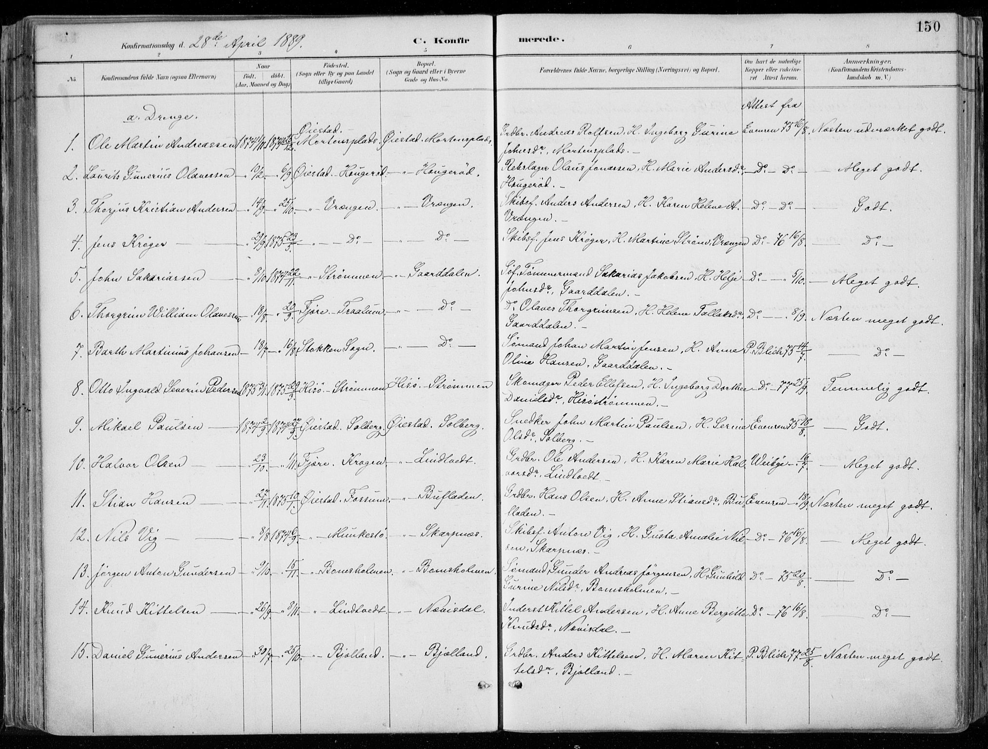 Øyestad sokneprestkontor, SAK/1111-0049/F/Fa/L0017: Parish register (official) no. A 17, 1887-1896, p. 150