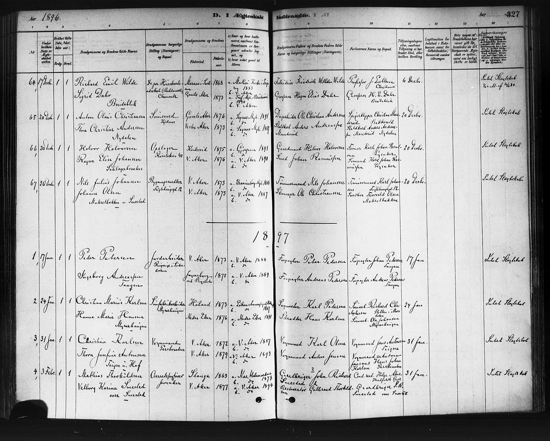 Vestre Aker prestekontor Kirkebøker, AV/SAO-A-10025/F/Fa/L0008: Parish register (official) no. 8, 1878-1903, p. 327