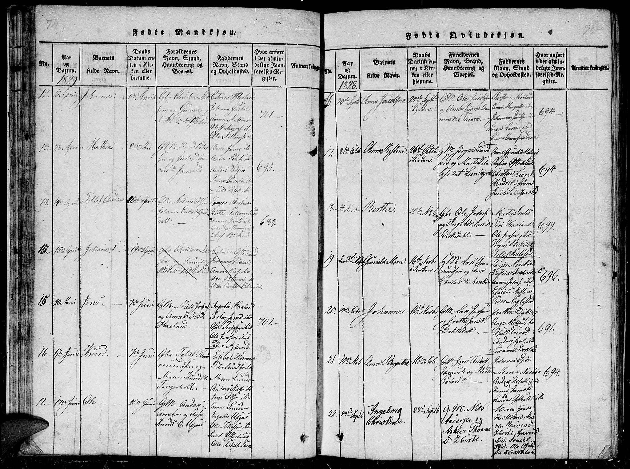 Hommedal sokneprestkontor, SAK/1111-0023/F/Fb/Fbb/L0003: Parish register (copy) no. B 3 /1, 1816-1850, p. 74-75