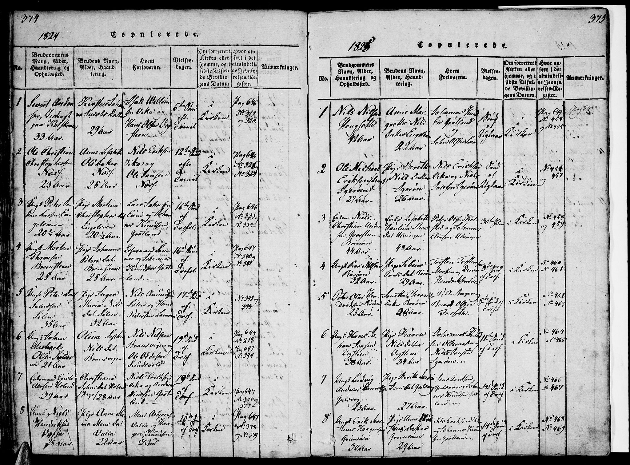 Ministerialprotokoller, klokkerbøker og fødselsregistre - Nordland, SAT/A-1459/816/L0239: Parish register (official) no. 816A05, 1820-1845, p. 374-375
