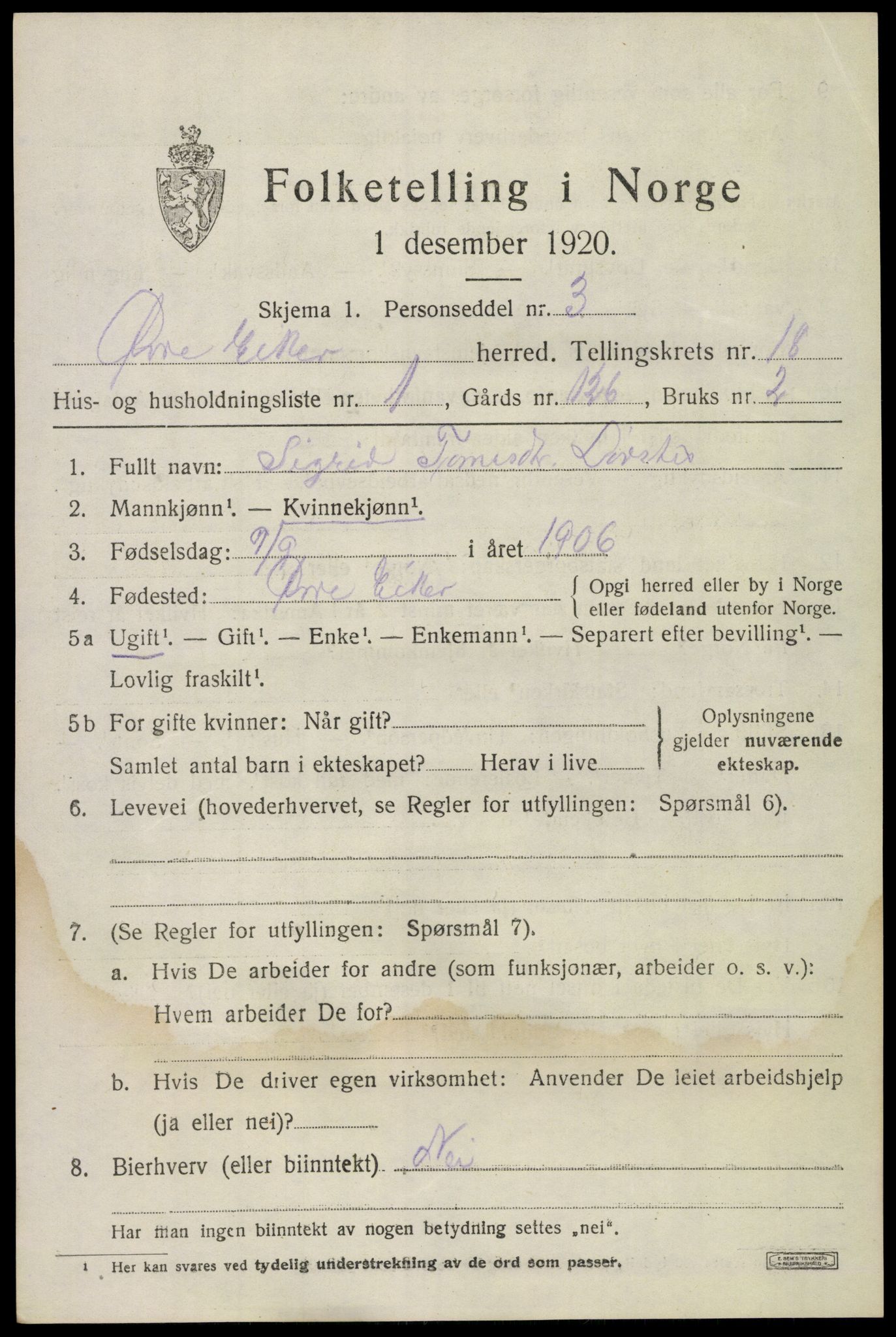 SAKO, 1920 census for Øvre Eiker, 1920, p. 21586