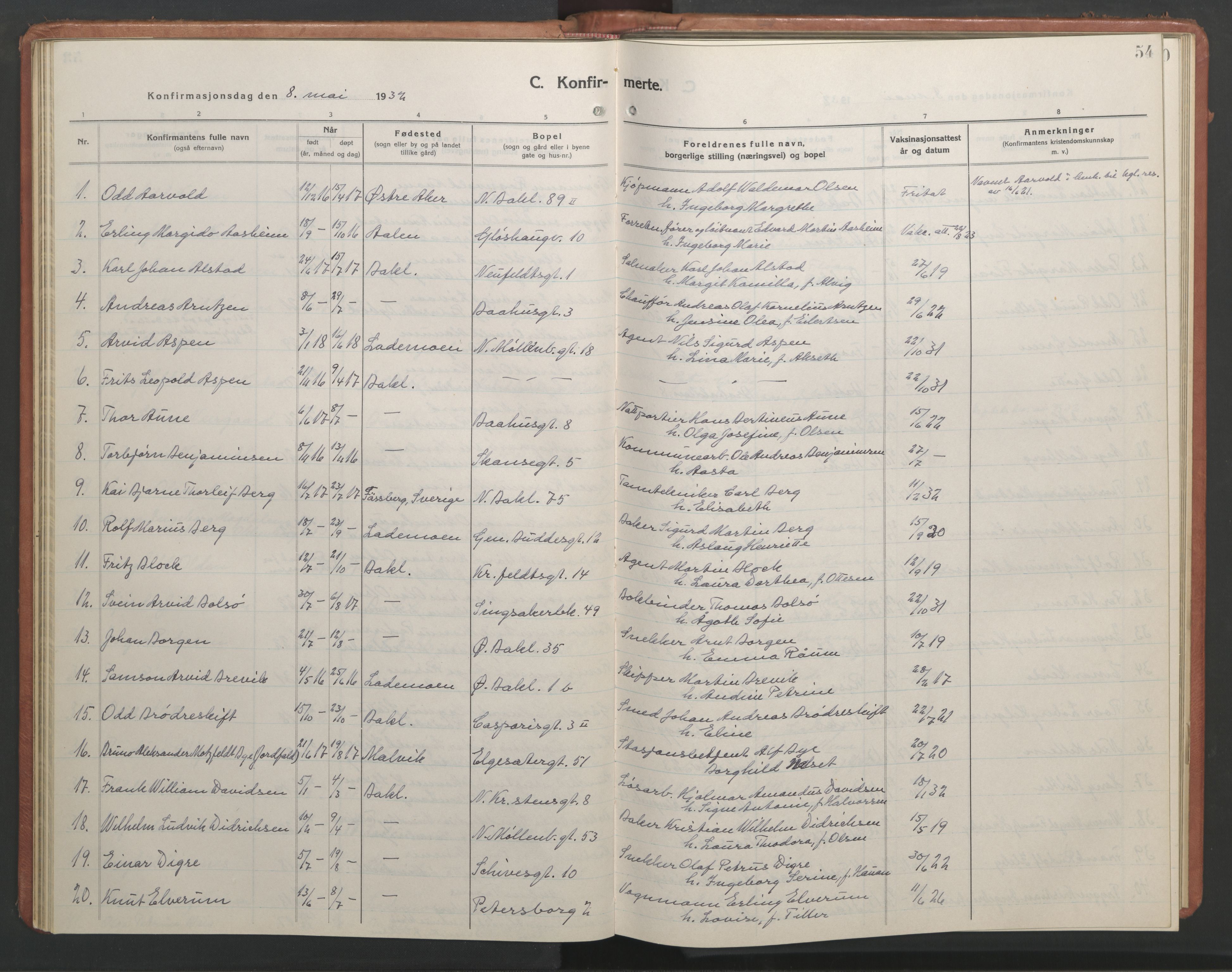 Ministerialprotokoller, klokkerbøker og fødselsregistre - Sør-Trøndelag, SAT/A-1456/604/L0228: Parish register (copy) no. 604C11, 1928-1950, p. 54