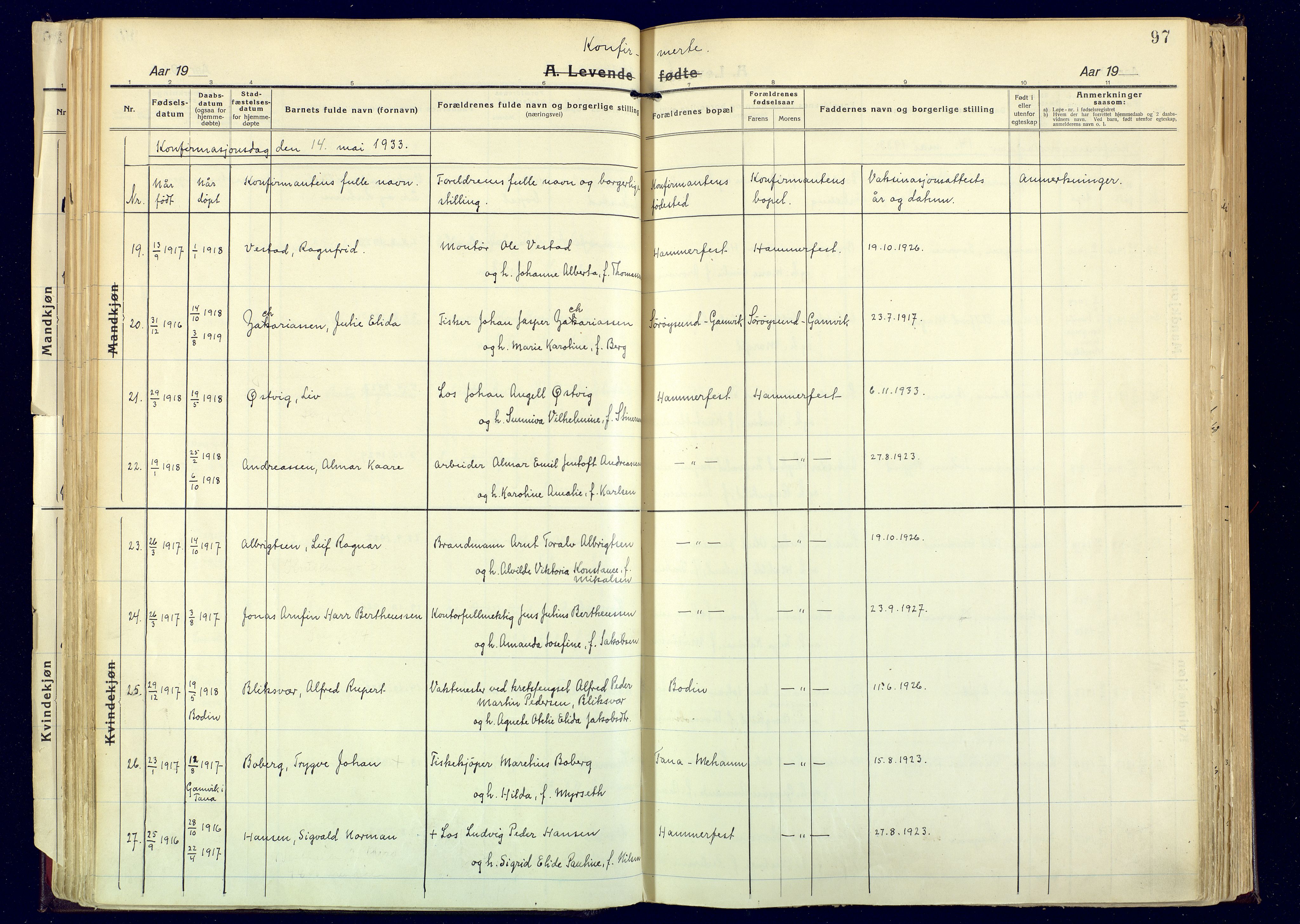 Hammerfest sokneprestkontor, AV/SATØ-S-1347/H/Ha/L0017.kirke: Parish register (official) no. 17, 1923-1933, p. 97