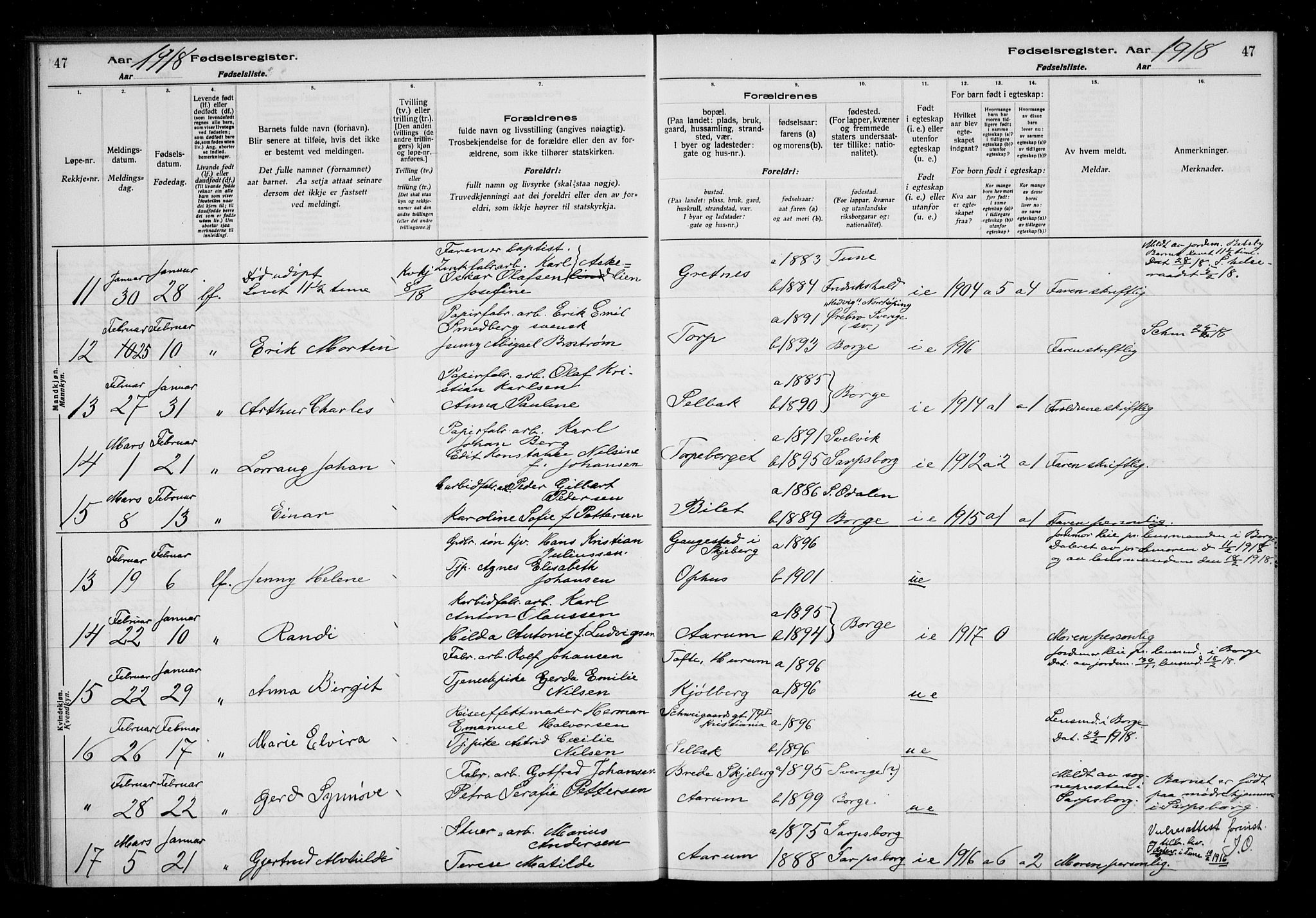 Borge prestekontor Kirkebøker, AV/SAO-A-10903/J/Ja/L0001: Birth register no. I 1, 1916-1925, p. 47