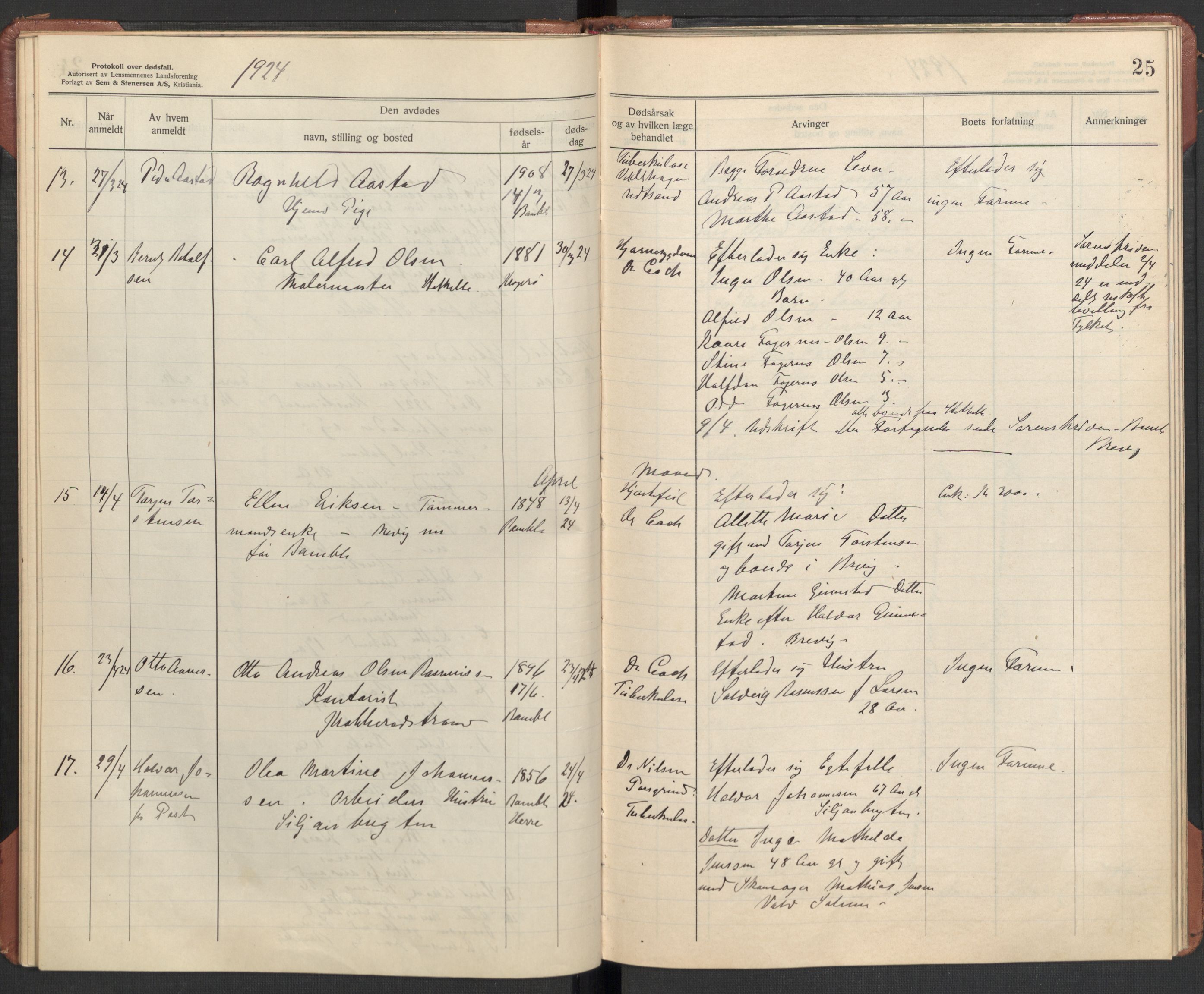 Bamble lensmannskontor, SAKO/A-552/H/Ha/Haa/L0004: Dødsfallsprotokoll, 1923-1926, p. 25