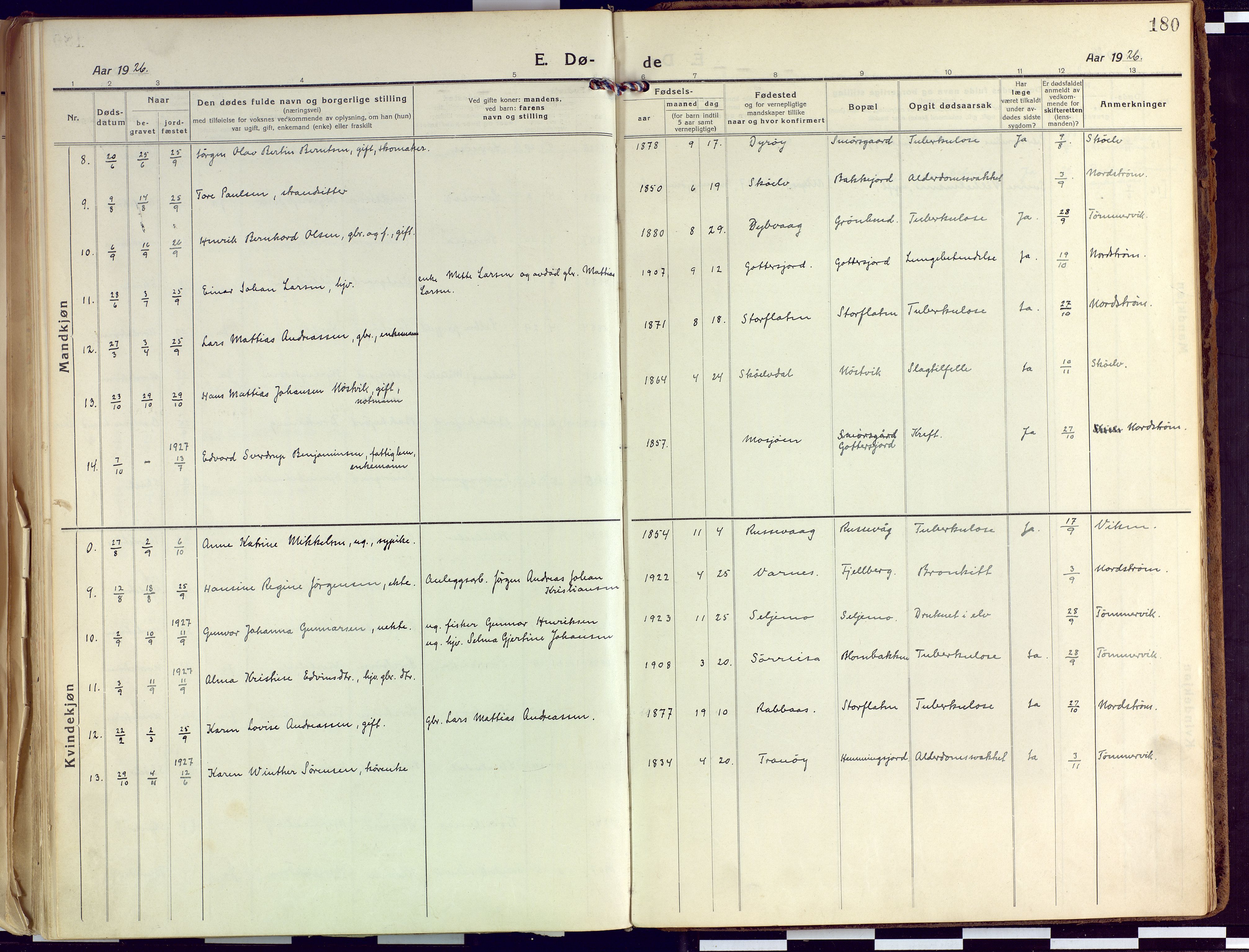 Tranøy sokneprestkontor, AV/SATØ-S-1313/I/Ia/Iaa/L0015kirke: Parish register (official) no. 15, 1919-1928, p. 180