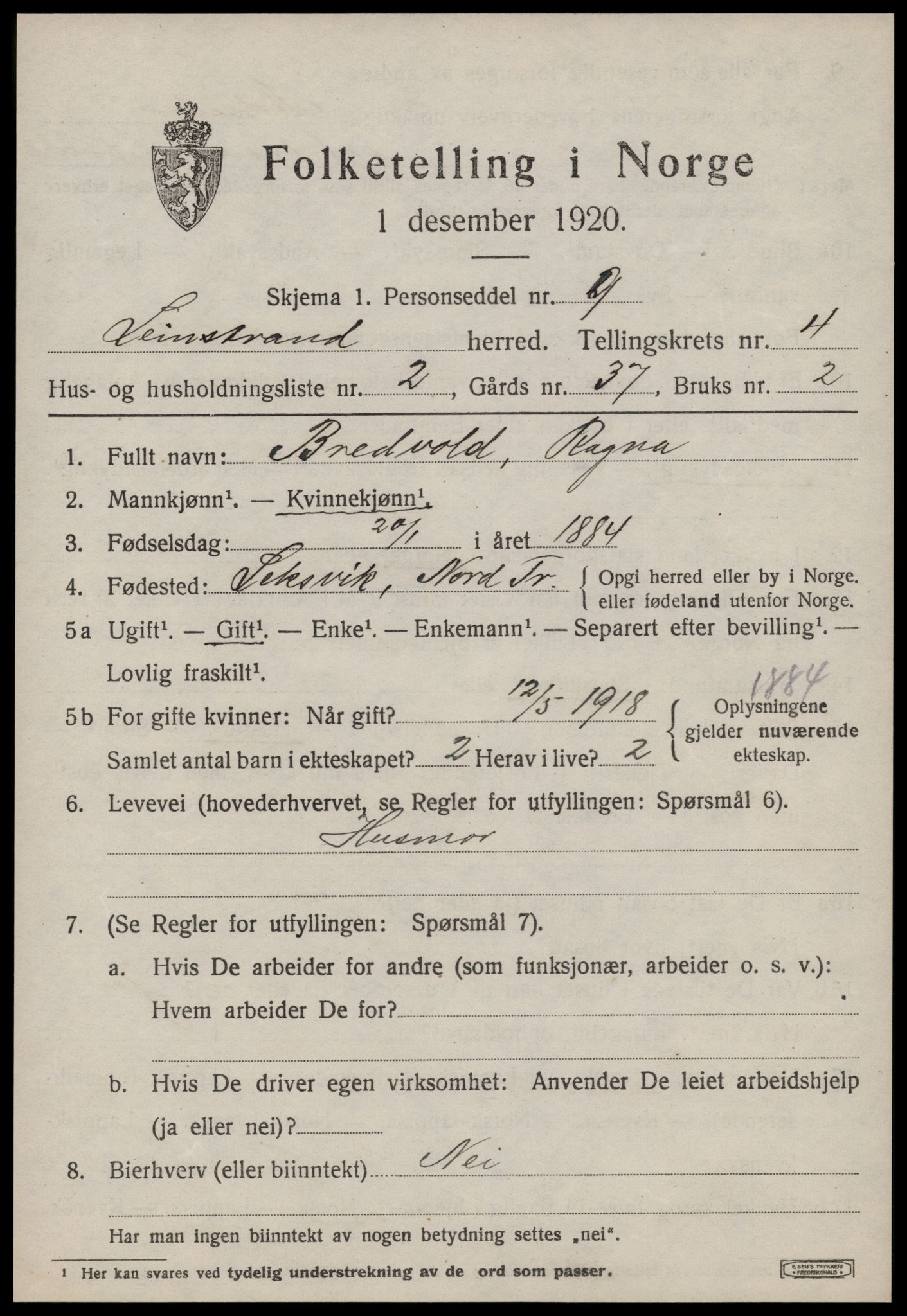 SAT, 1920 census for Leinstrand, 1920, p. 3833