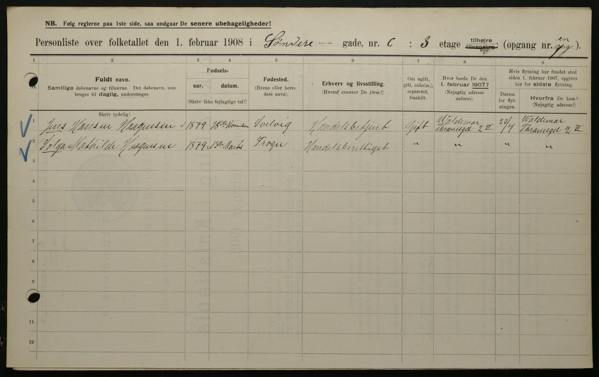 OBA, Municipal Census 1908 for Kristiania, 1908, p. 95593
