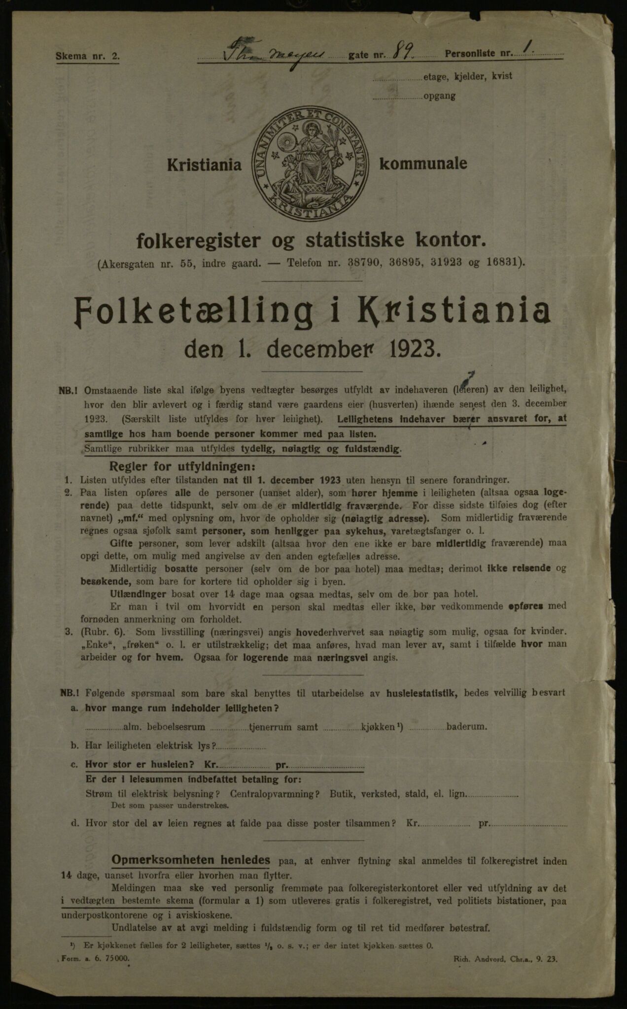 OBA, Municipal Census 1923 for Kristiania, 1923, p. 123000