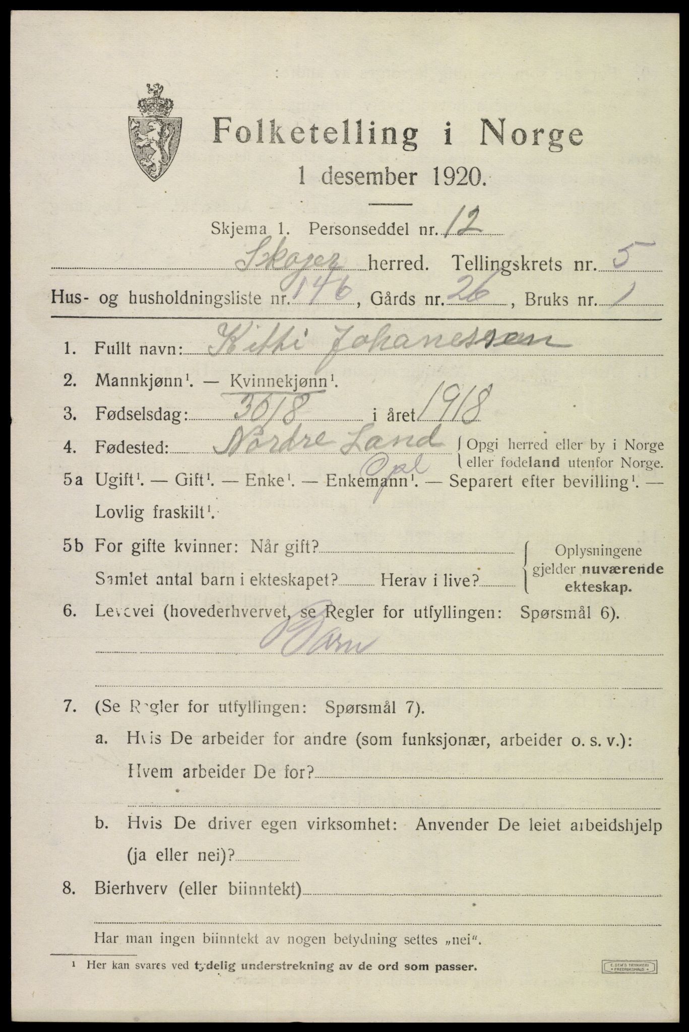 SAKO, 1920 census for Skoger, 1920, p. 13527