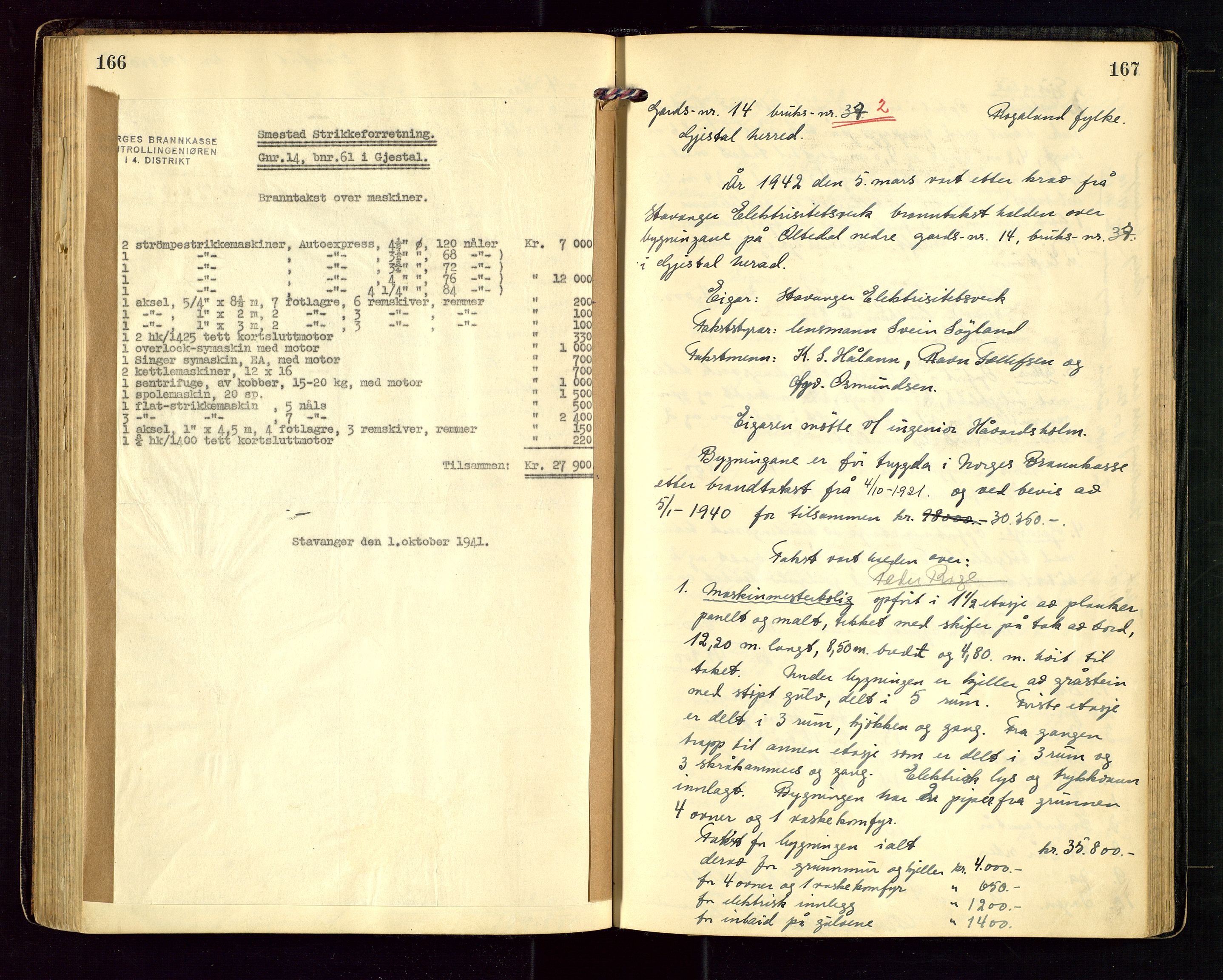 Gjesdal lensmannskontor, AV/SAST-A-100441/Go/L0003: Branntakstprotokoll, 1921-1944, p. 166-167