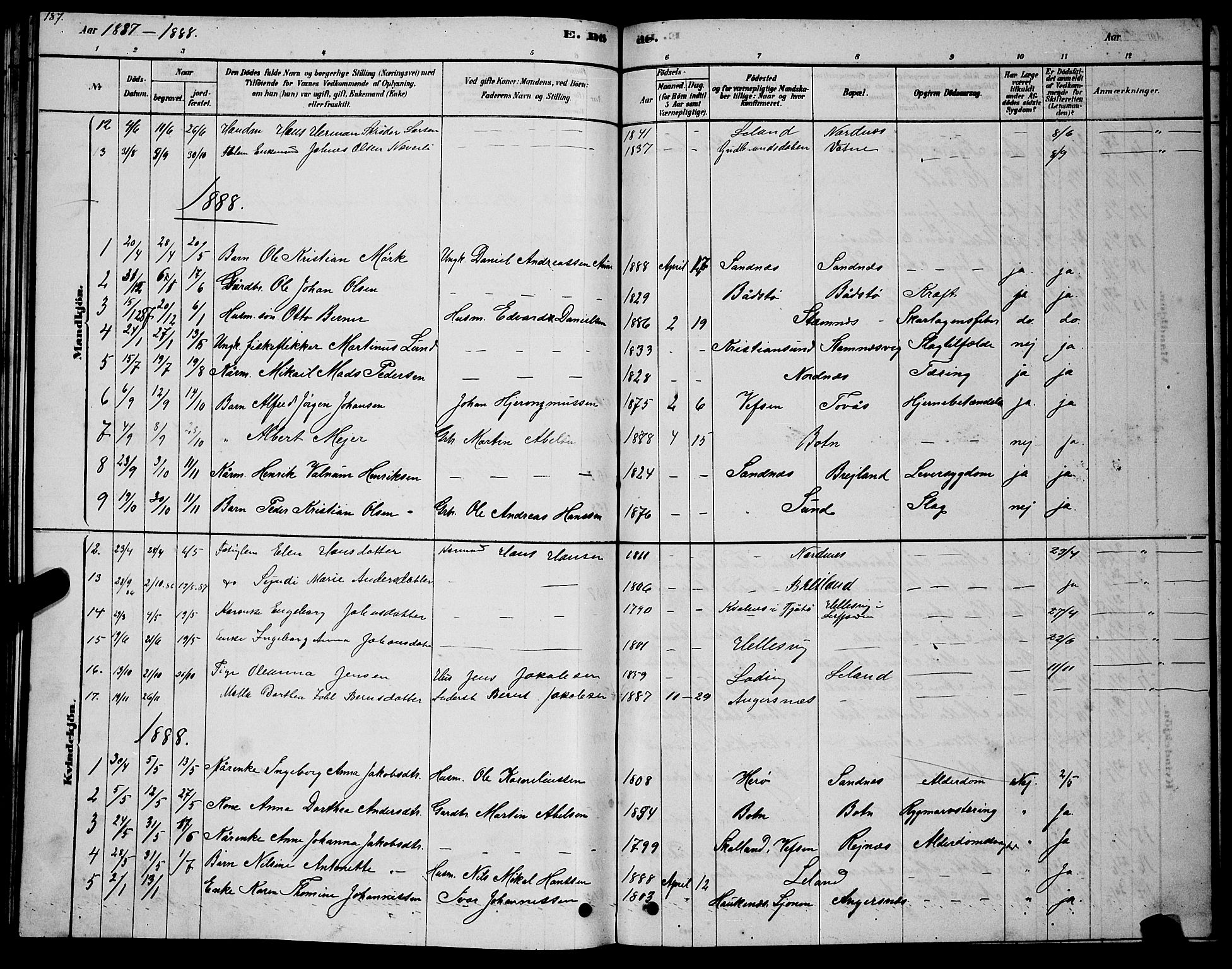 Ministerialprotokoller, klokkerbøker og fødselsregistre - Nordland, AV/SAT-A-1459/831/L0477: Parish register (copy) no. 831C04, 1878-1897, p. 187