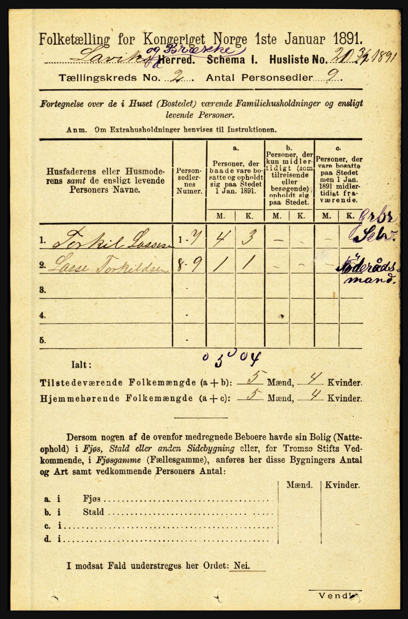 RA, 1891 census for 1415 Lavik og Brekke, 1891, p. 281