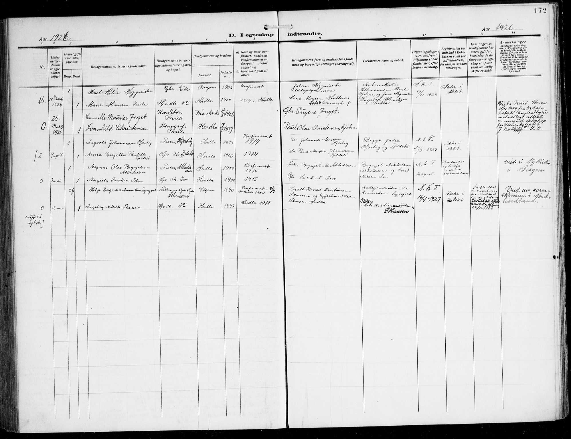 Herdla Sokneprestembete, AV/SAB-A-75701/H/Hab: Parish register (copy) no. C 2, 1913-1926, p. 172