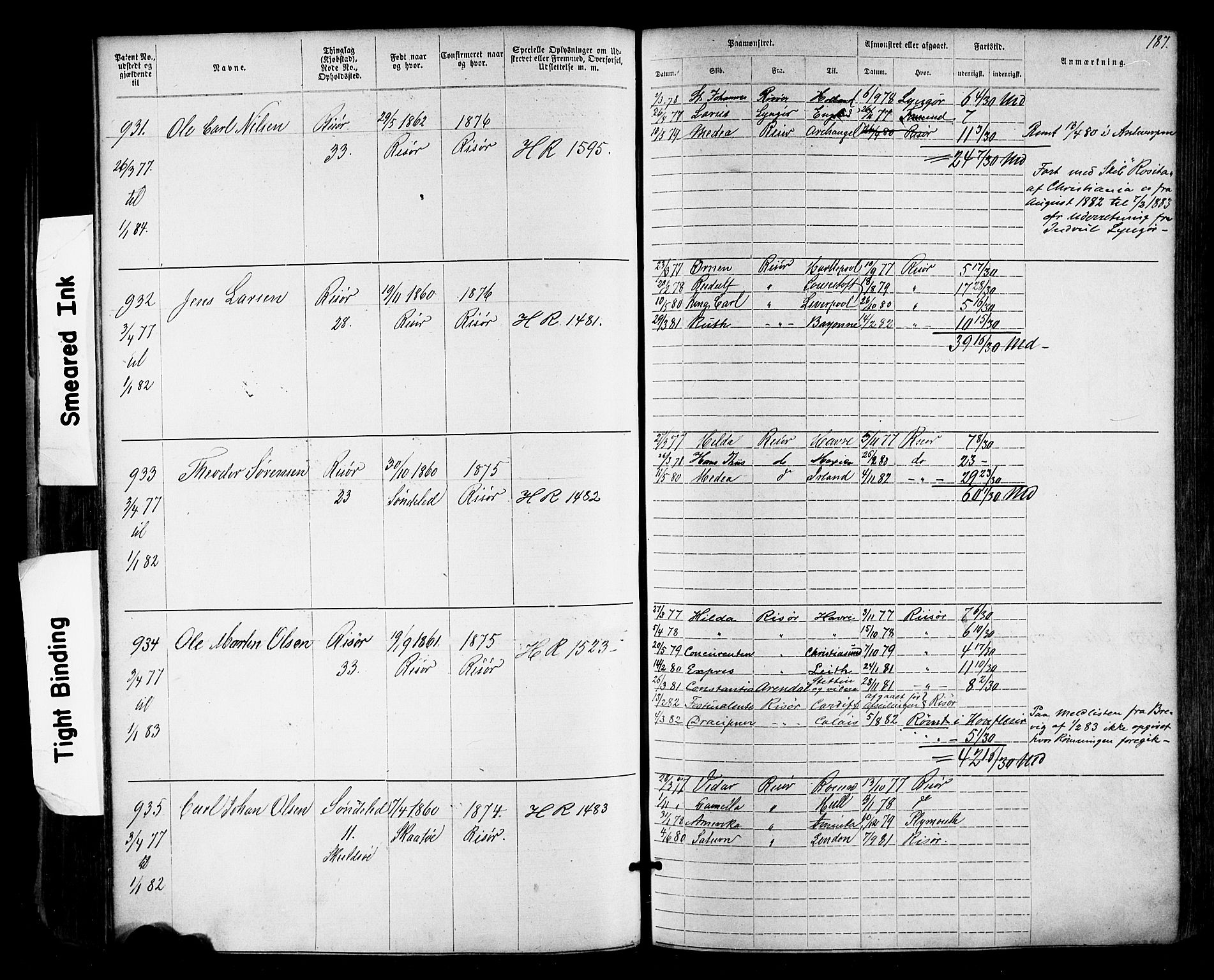 Risør mønstringskrets, SAK/2031-0010/F/Fa/L0003: Annotasjonsrulle nr 1-1913 med register, T-7, 1863-1899, p. 123