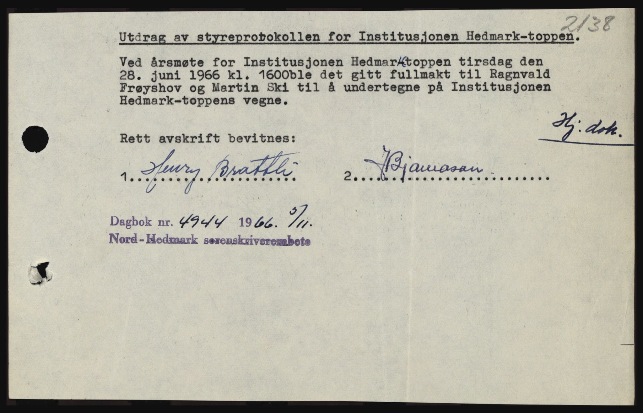 Nord-Hedmark sorenskriveri, SAH/TING-012/H/Hc/L0024: Mortgage book no. 24, 1966-1966, Diary no: : 4944/1966