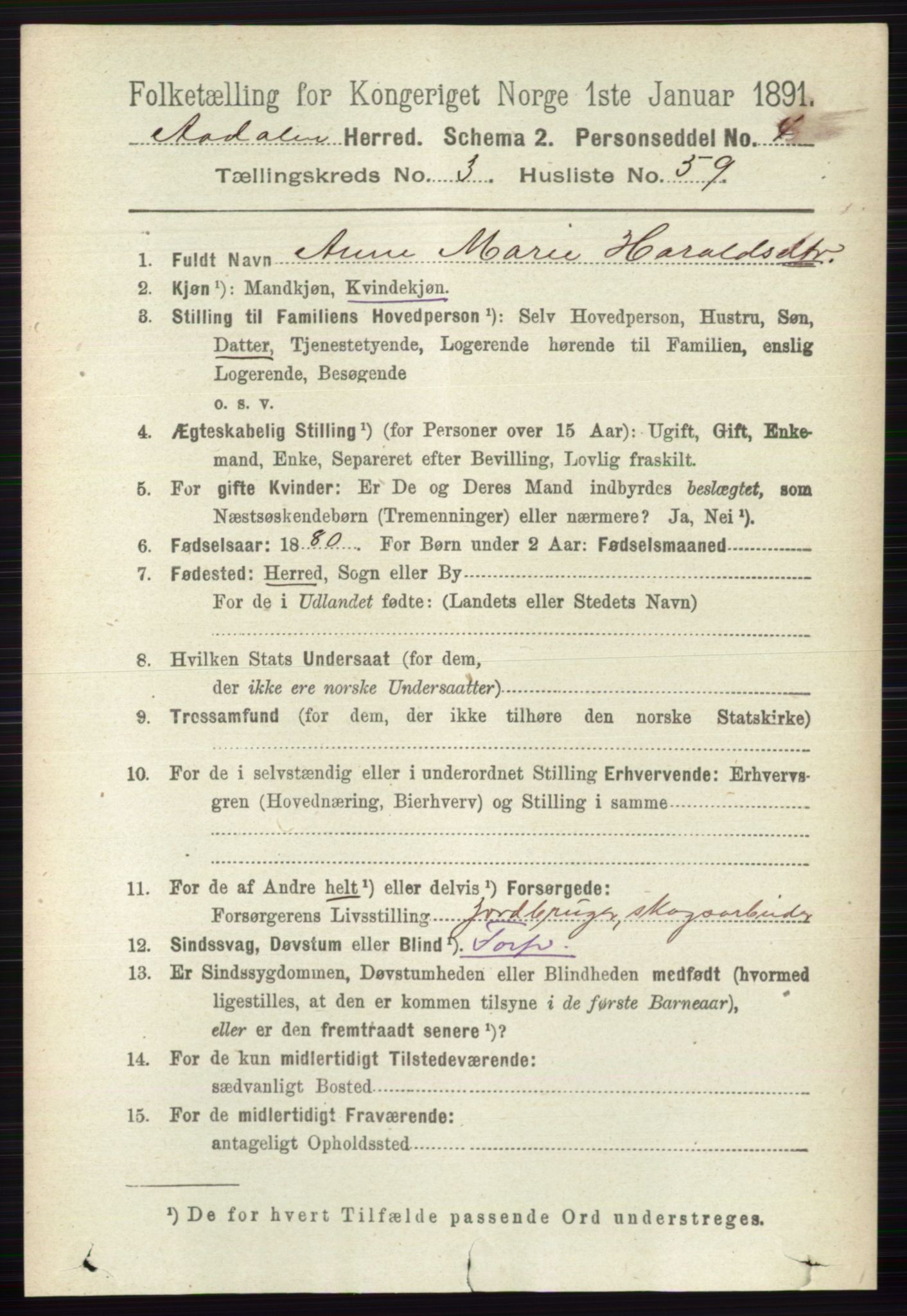 RA, 1891 census for 0614 Ådal, 1891, p. 1440