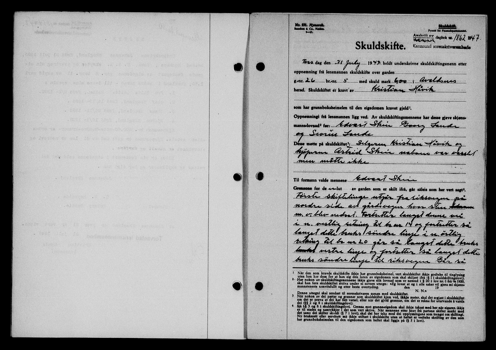 Karmsund sorenskriveri, SAST/A-100311/01/II/IIB/L0090: Mortgage book no. 70A, 1947-1947, Diary no: : 1862/1947
