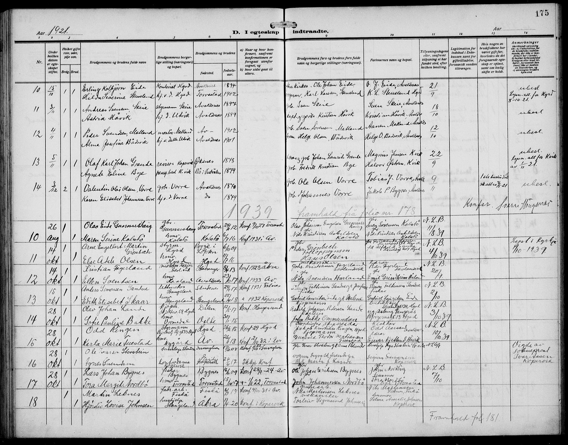 Avaldsnes sokneprestkontor, AV/SAST-A -101851/H/Ha/Hab/L0008: Parish register (copy) no. B 8, 1910-1939, p. 175