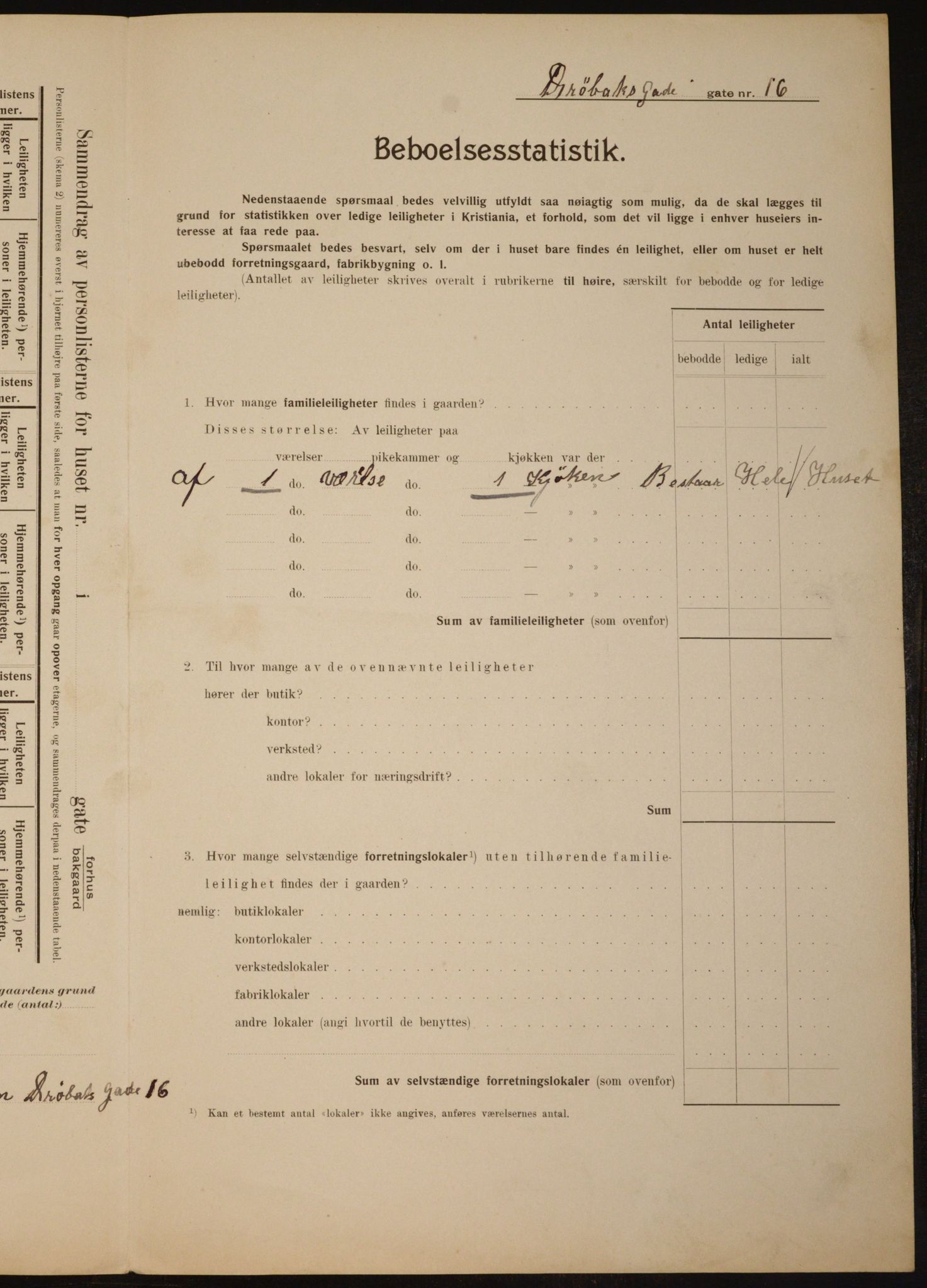 OBA, Municipal Census 1910 for Kristiania, 1910, p. 16538