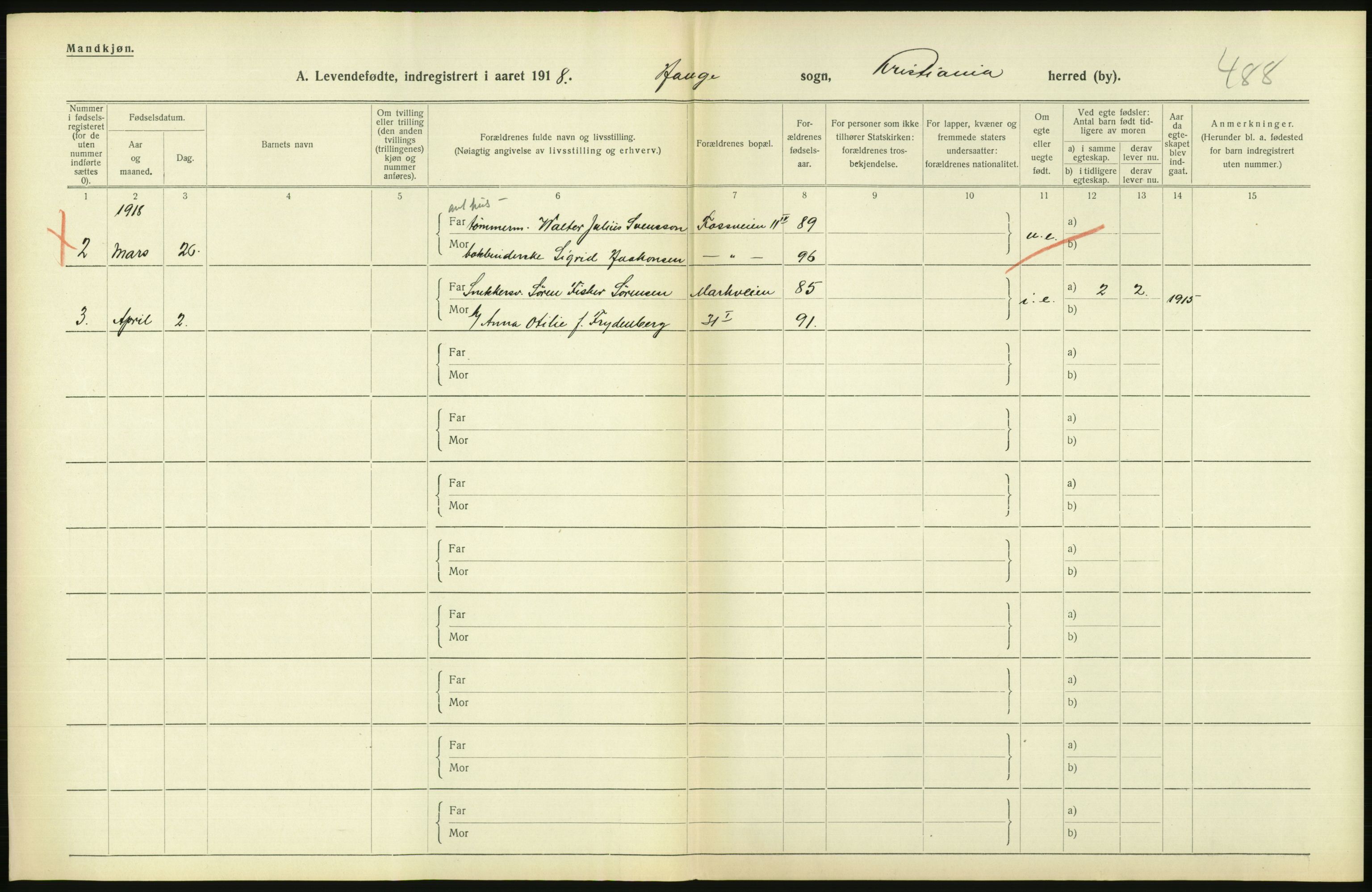 Statistisk sentralbyrå, Sosiodemografiske emner, Befolkning, AV/RA-S-2228/D/Df/Dfb/Dfbh/L0008: Kristiania: Levendefødte menn og kvinner., 1918, p. 658