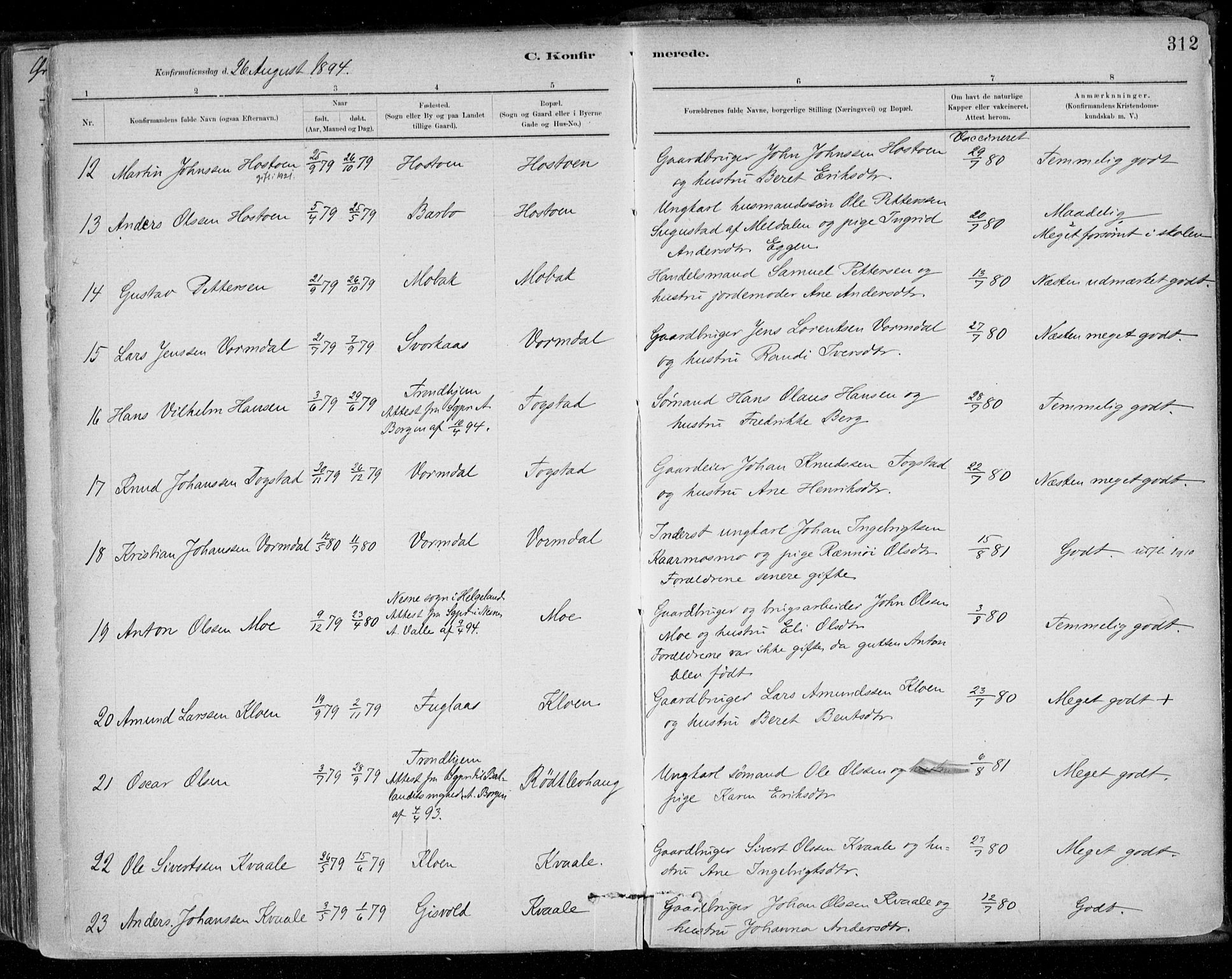 Ministerialprotokoller, klokkerbøker og fødselsregistre - Sør-Trøndelag, SAT/A-1456/668/L0809: Parish register (official) no. 668A09, 1881-1895, p. 312