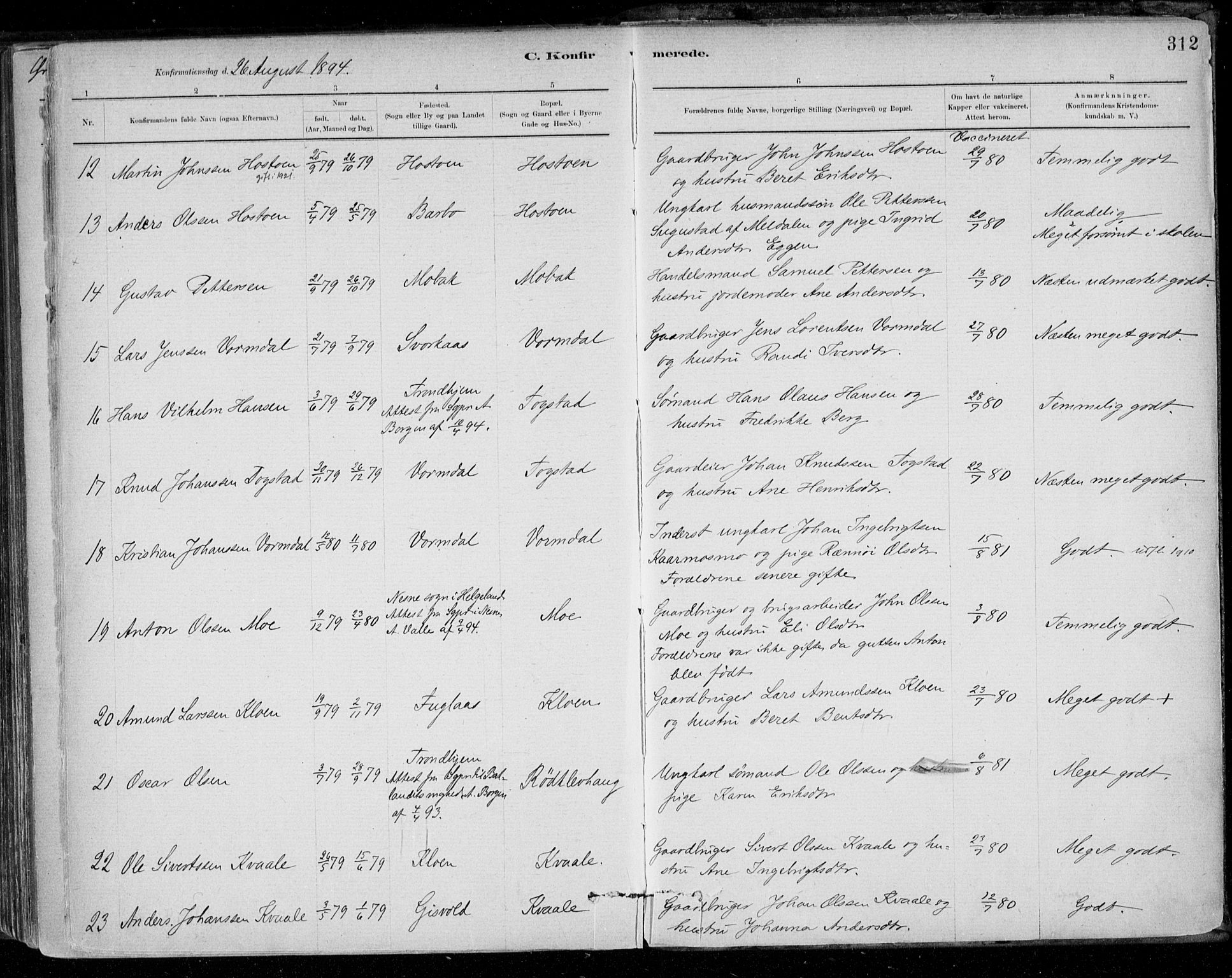 Ministerialprotokoller, klokkerbøker og fødselsregistre - Sør-Trøndelag, AV/SAT-A-1456/668/L0809: Parish register (official) no. 668A09, 1881-1895, p. 312