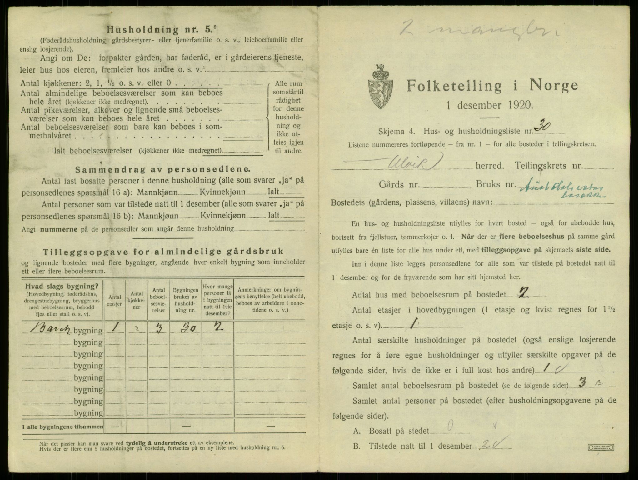 SAB, 1920 census for Ulvik, 1920, p. 87