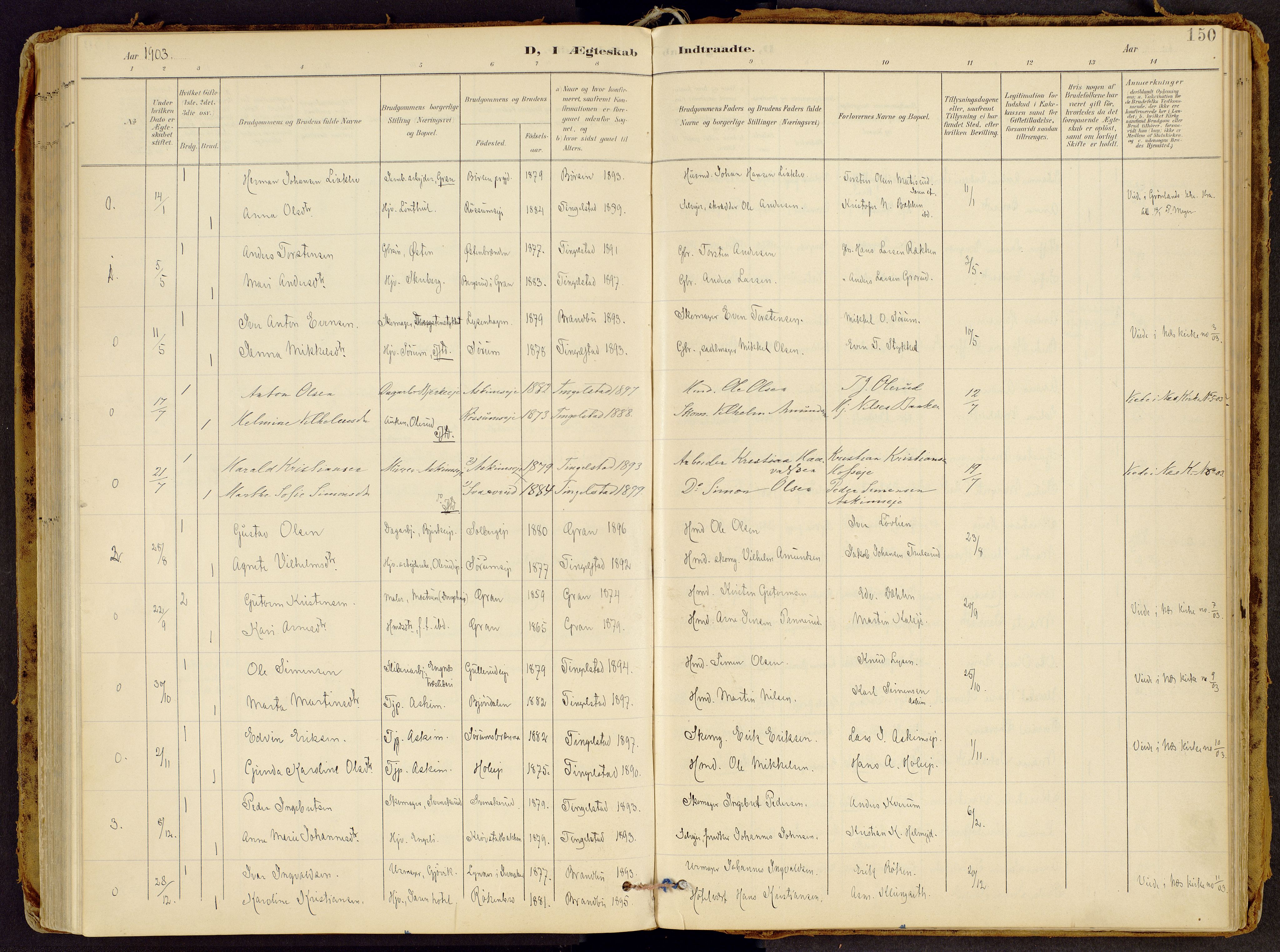 Brandbu prestekontor, SAH/PREST-114/H/Ha/Haa/L0002: Parish register (official) no. 2, 1899-1914, p. 150