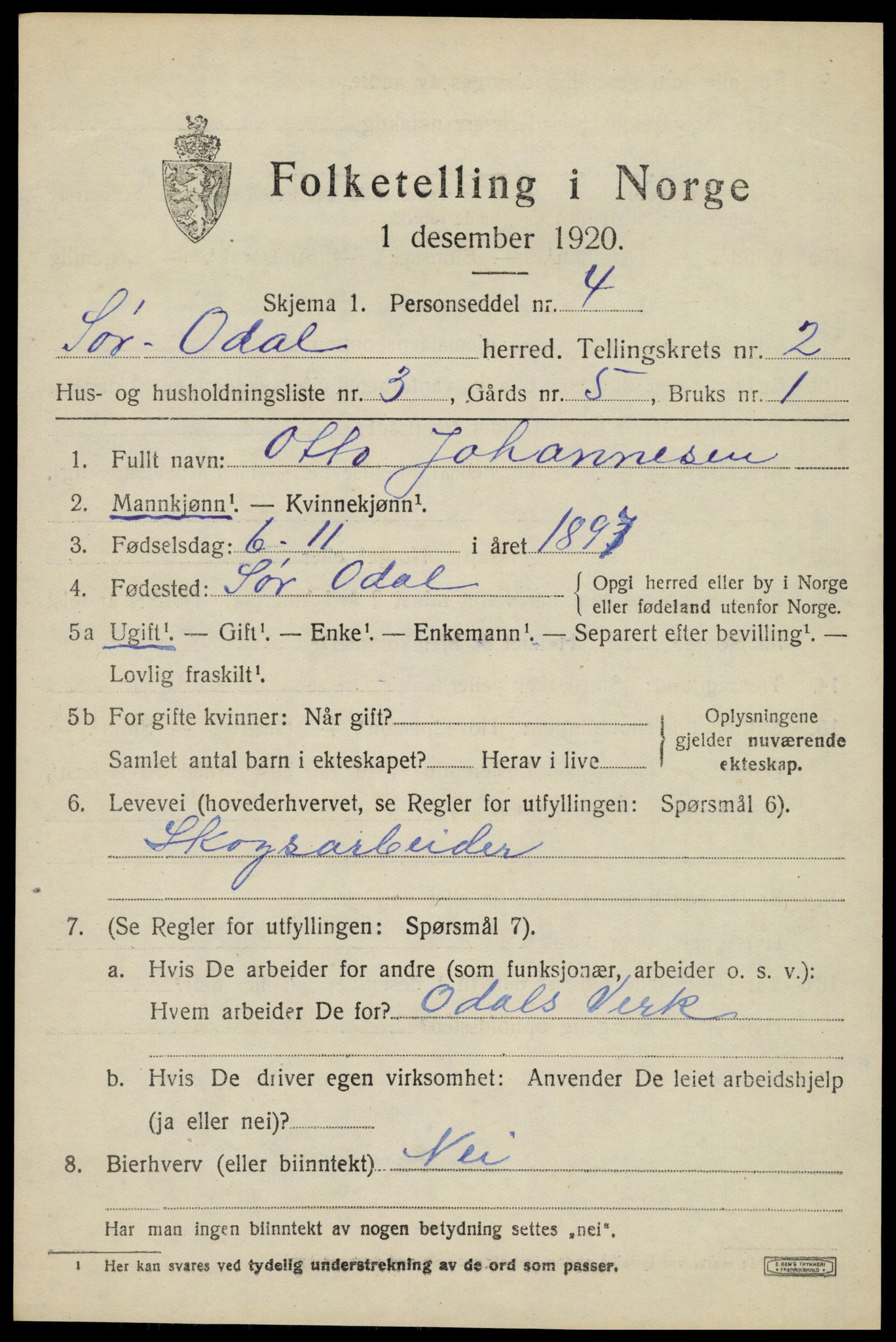 SAH, 1920 census for Sør-Odal, 1920, p. 3009