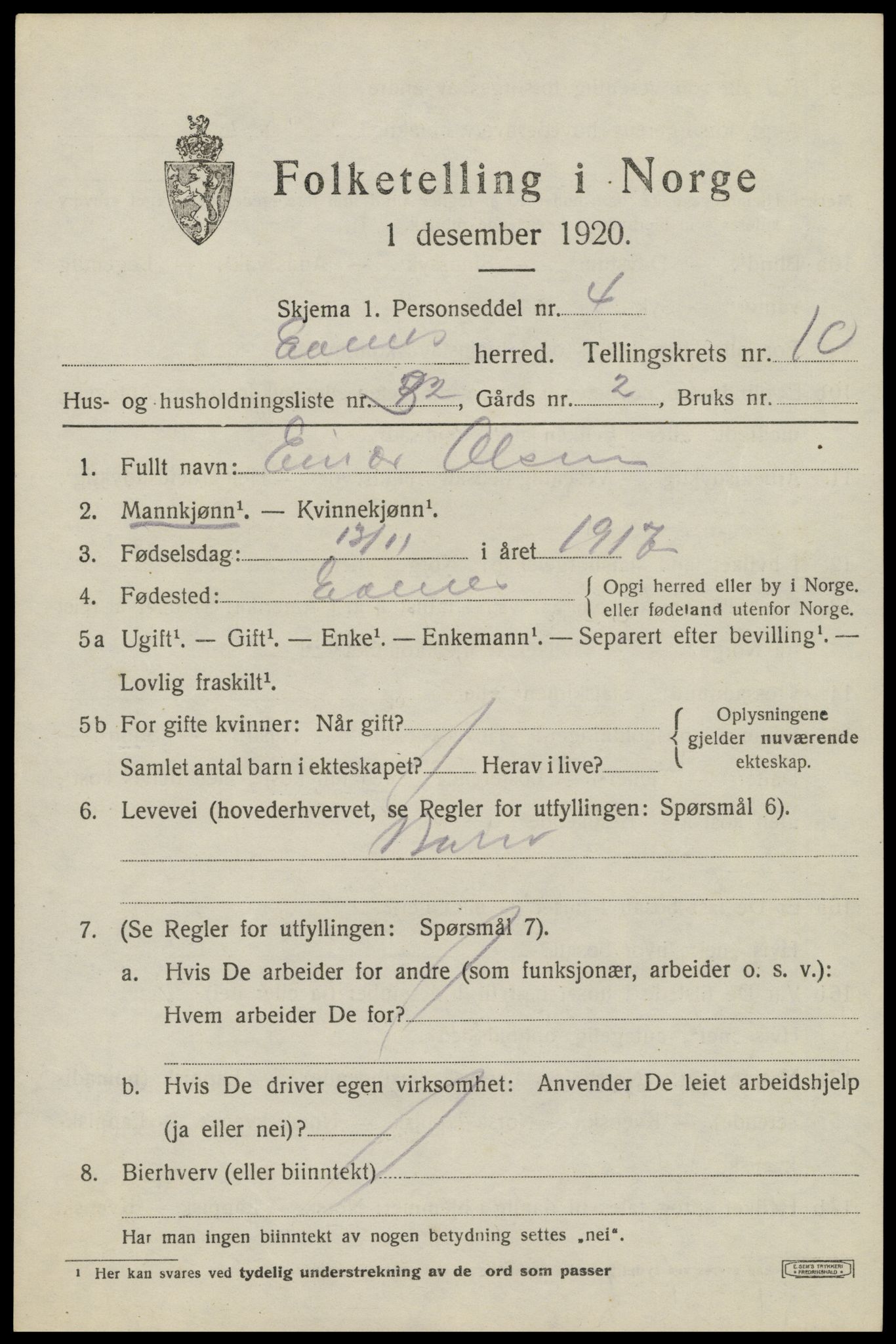 SAT, 1920 census for Evenes, 1920, p. 10434