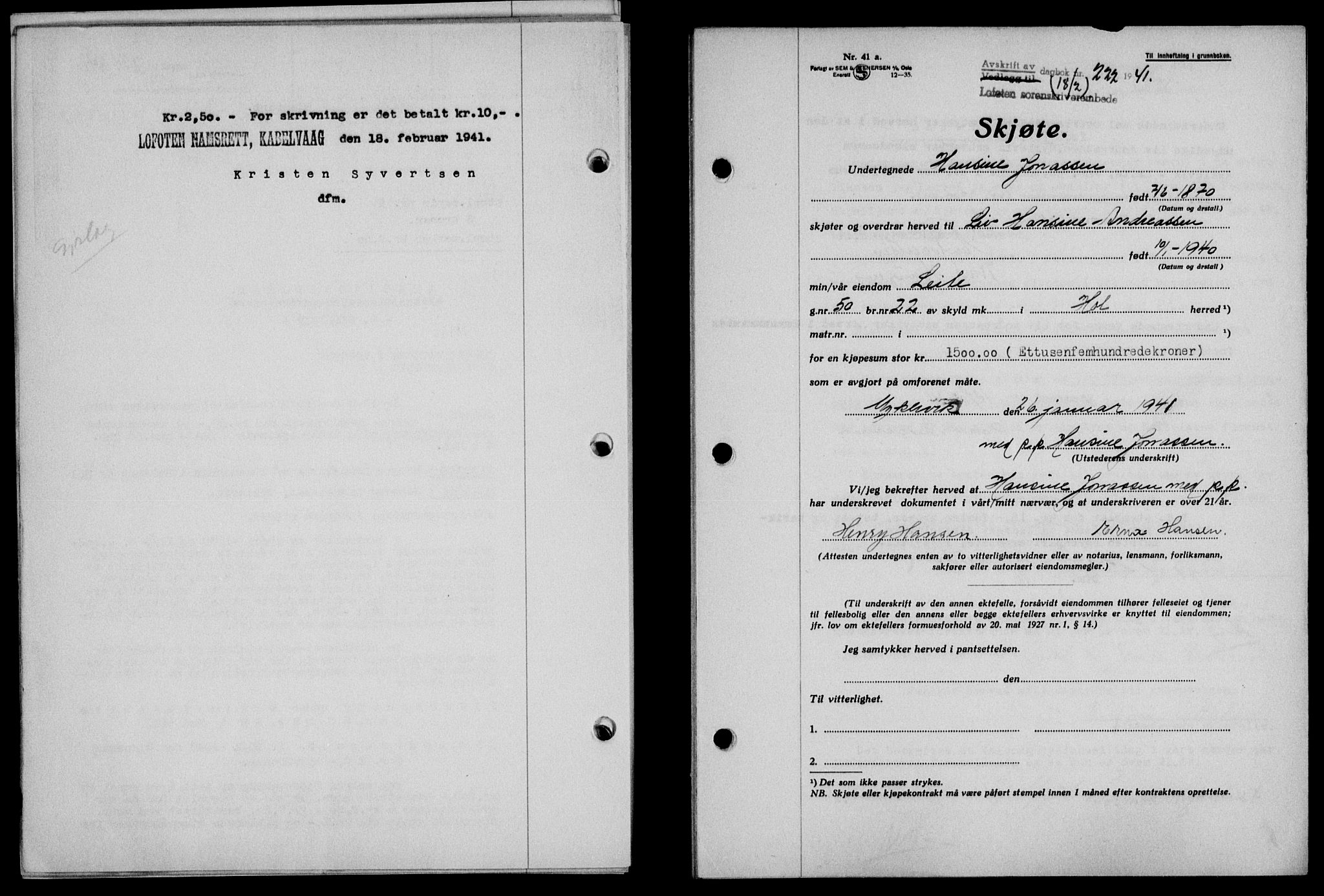 Lofoten sorenskriveri, SAT/A-0017/1/2/2C/L0008a: Mortgage book no. 8a, 1940-1941, Diary no: : 222/1941