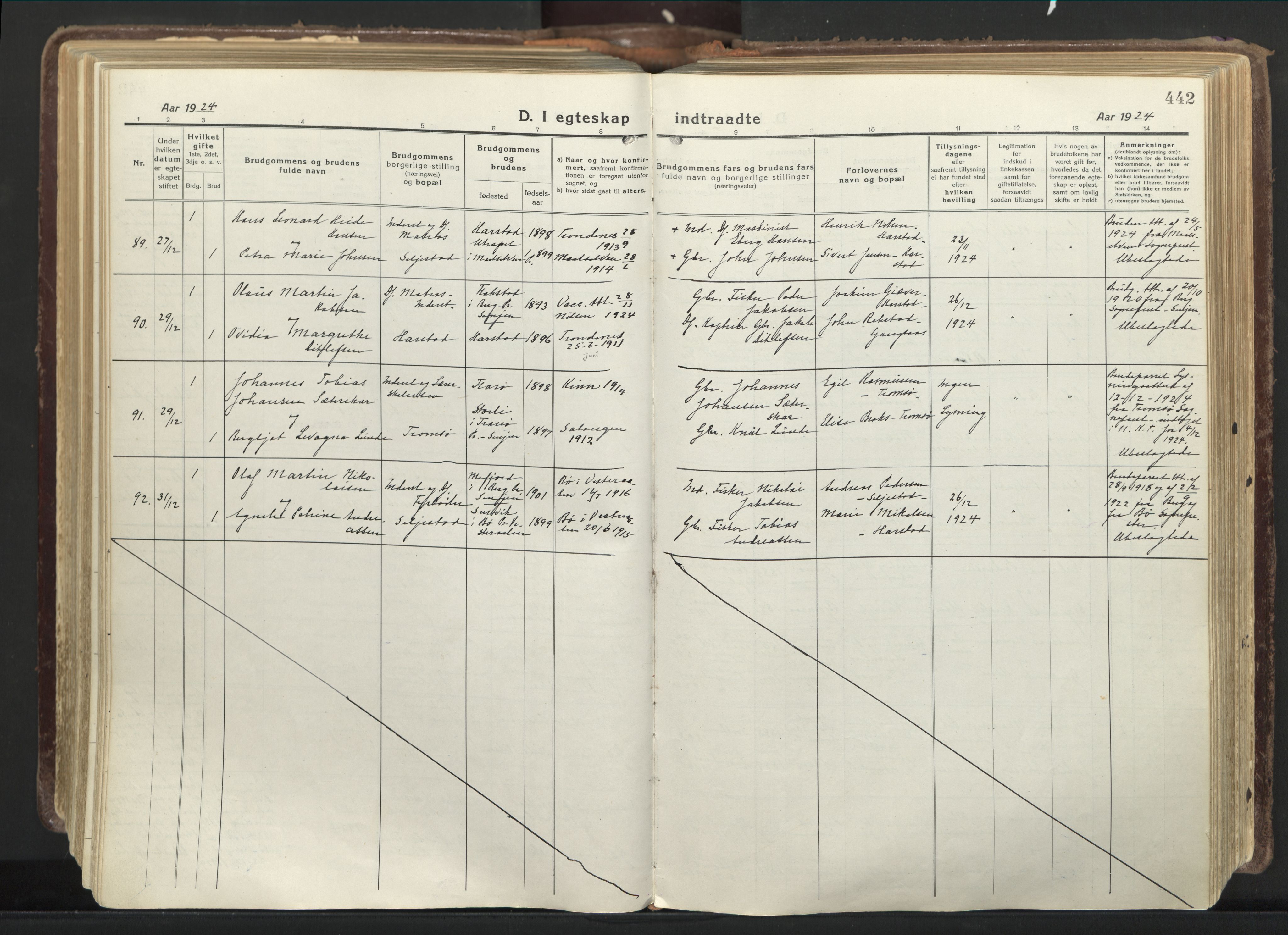 Trondenes sokneprestkontor, AV/SATØ-S-1319/H/Ha/L0019kirke: Parish register (official) no. 19, 1919-1928, p. 442