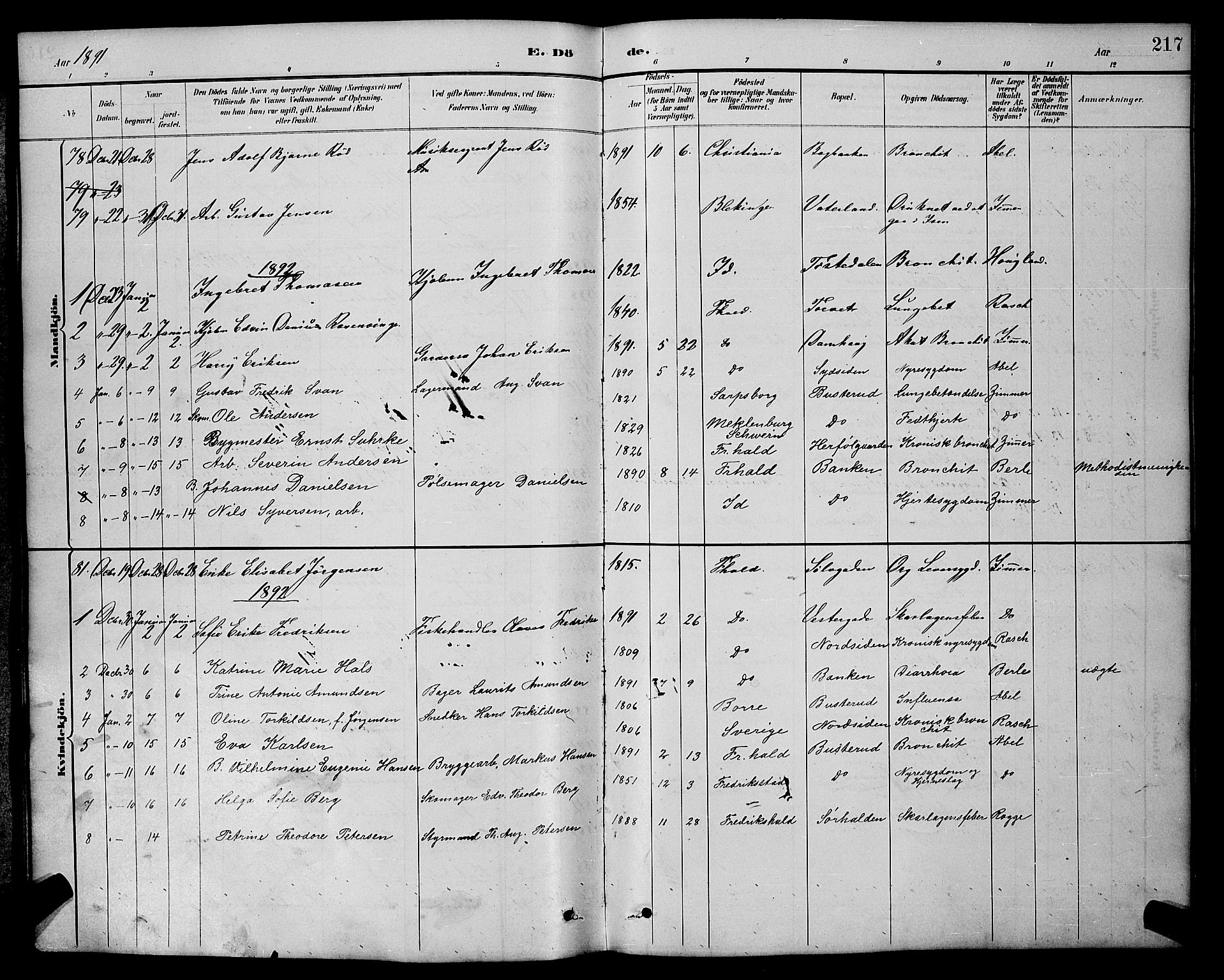 Halden prestekontor Kirkebøker, SAO/A-10909/G/Ga/L0009: Parish register (copy) no. 9, 1885-1908, p. 217